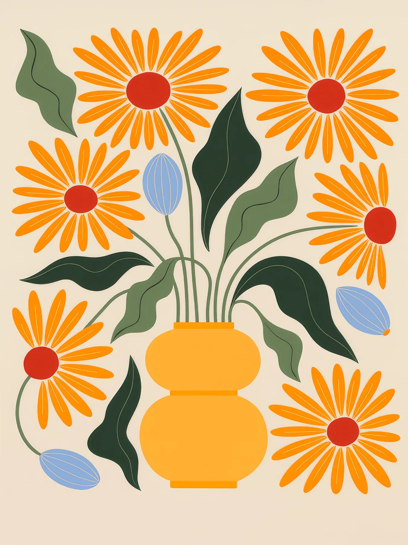 Onlly poster, Orange Daisies in a Blue Vase: A bright yellow-orange bouquet fills a blue vase on a pale striped ground.