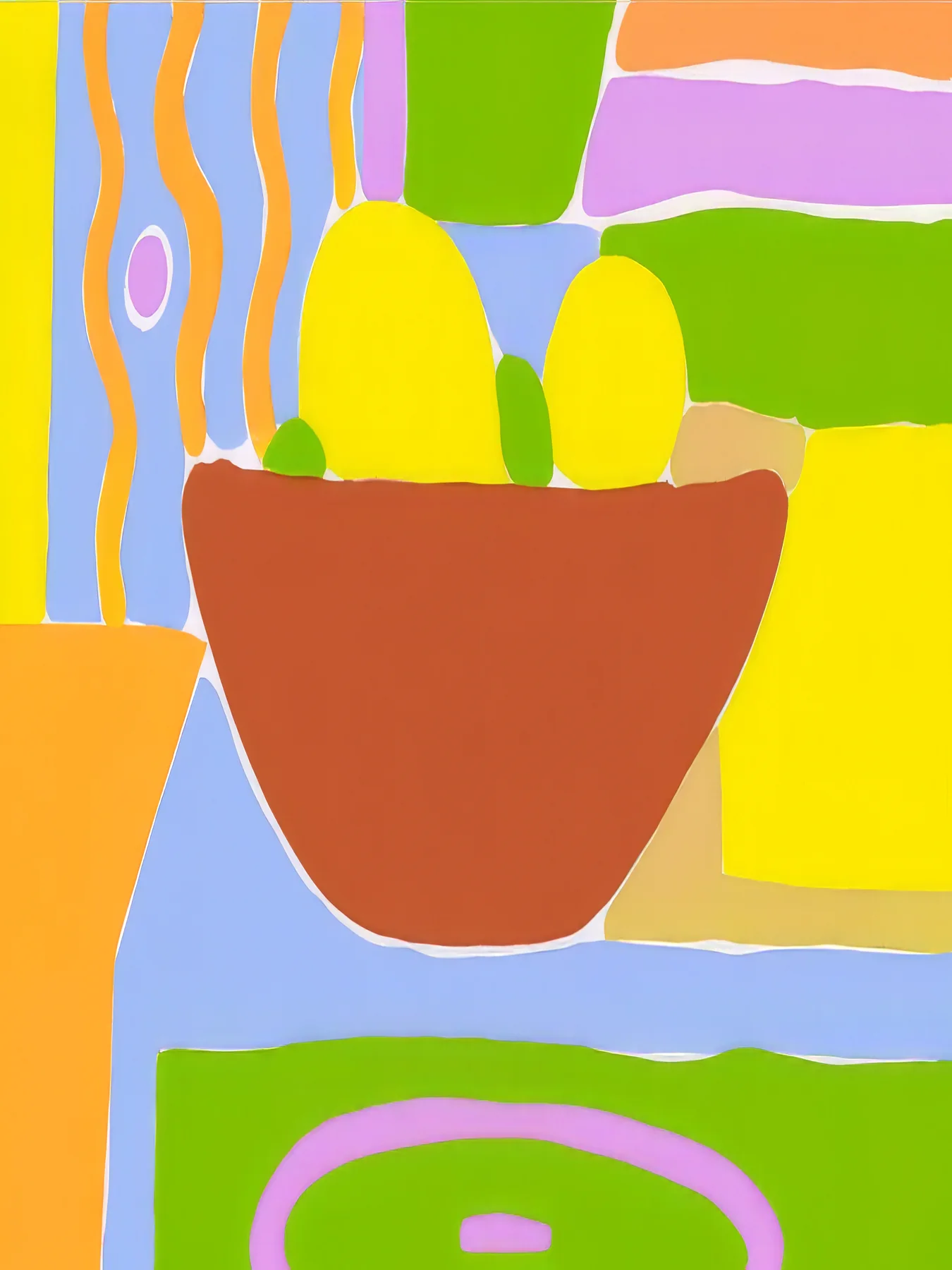 Onlly poster, Plant in a Rainbow Pot: A small green plant rises from a terracotta pot surrounded by bright colour fields.