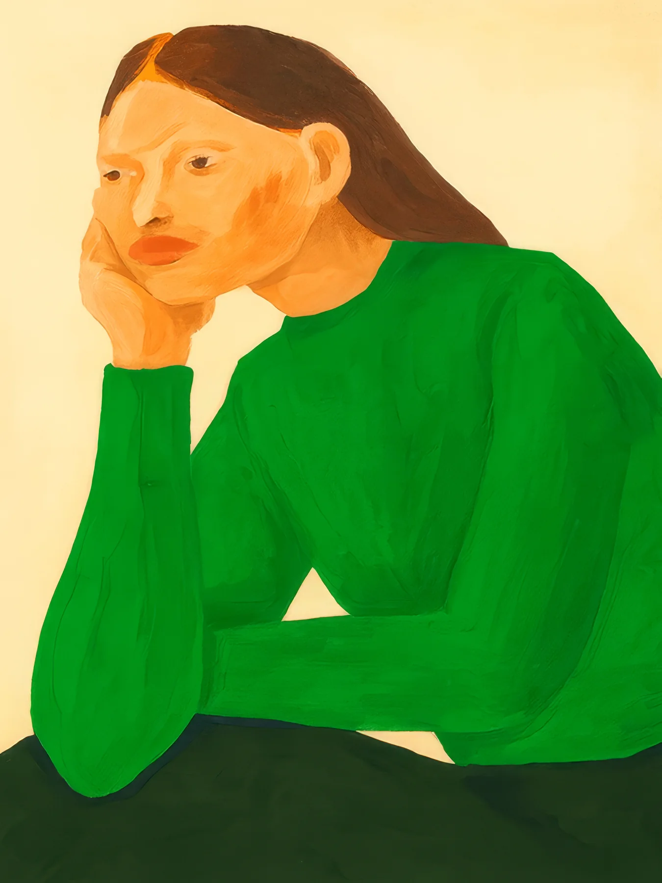 Onlly poster, Woman in a Green Sweater: A seated woman in a vivid green sweater rests her face on one hand.