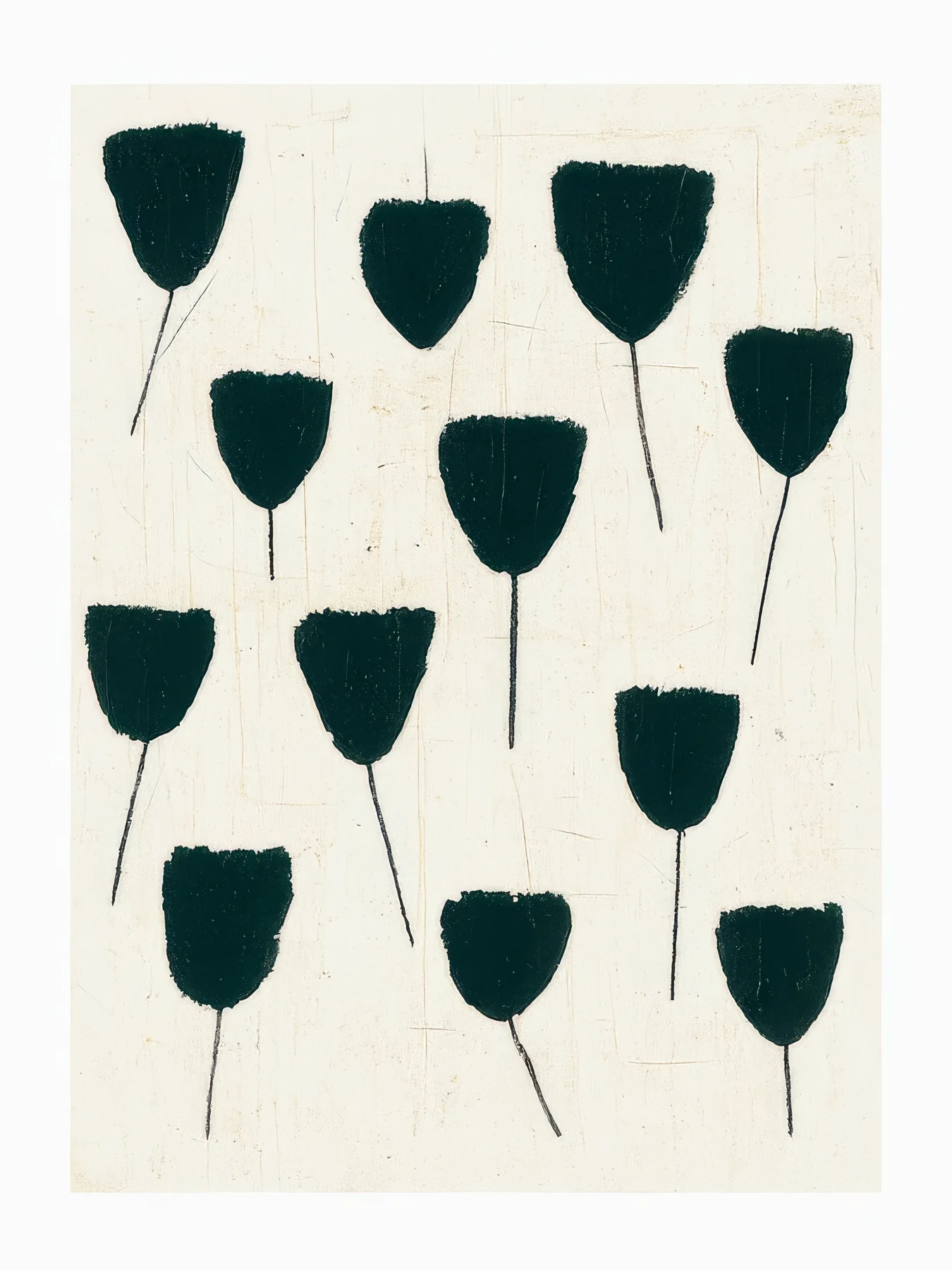 Onlly poster, Dark Tulip Pattern: Rows of dark tulip silhouettes repeat across a pale neutral ground.