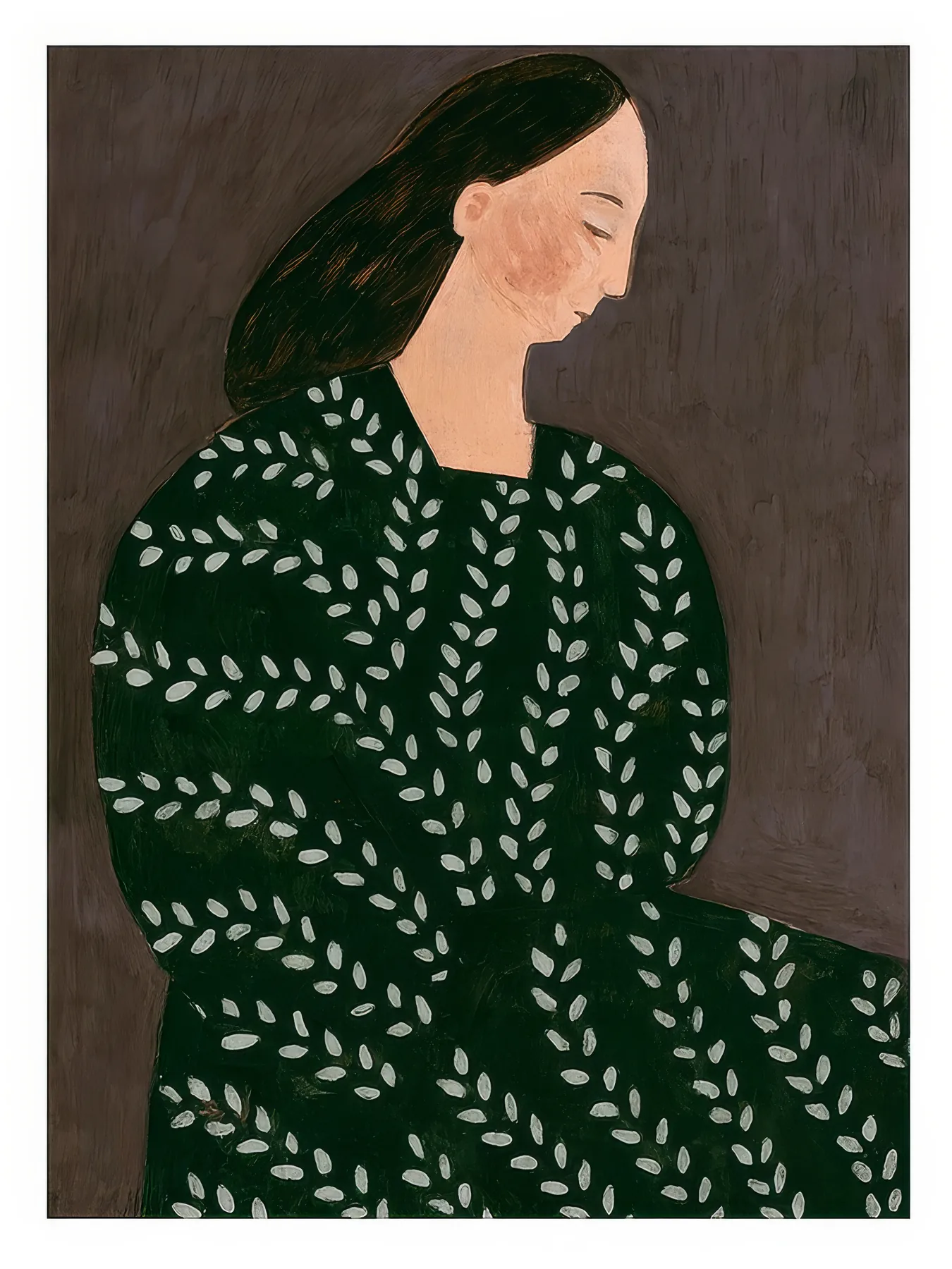 Onlly poster, Woman in a Green Patterned Dress: A seated woman wears a dark green dress scattered with pale leaf marks.