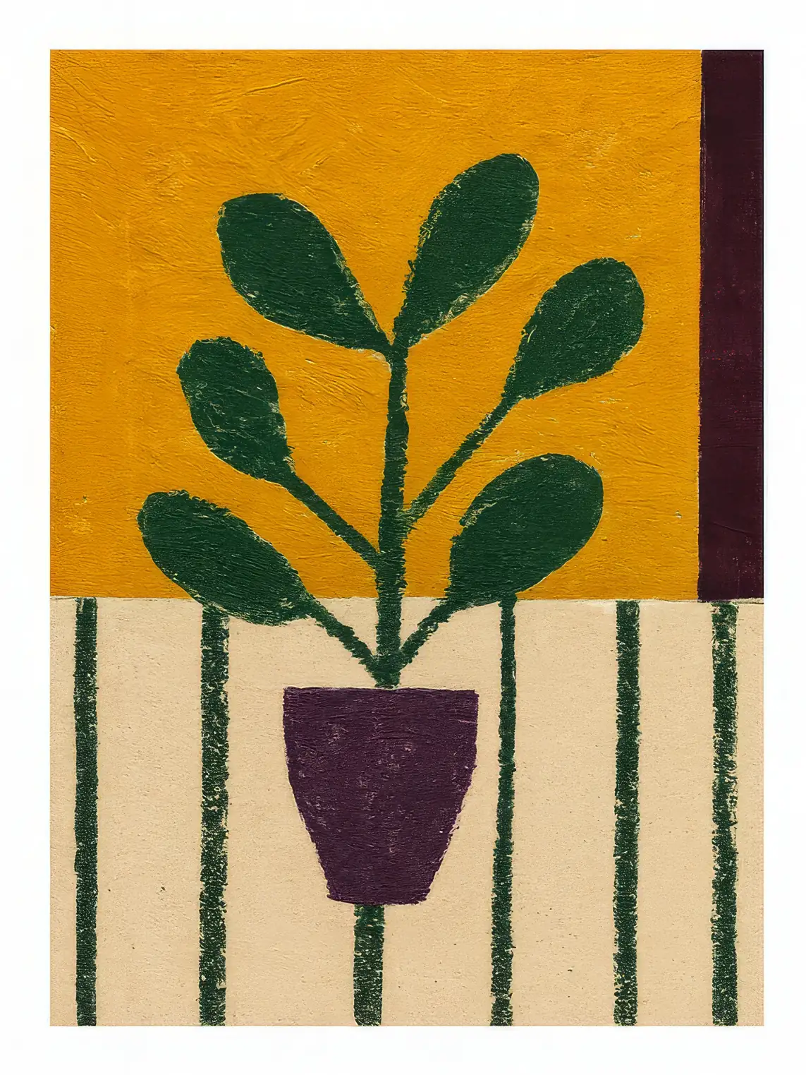Onlly poster, Potted Plants and Stripes: A leafy green plant stands among small pots and striped panels.