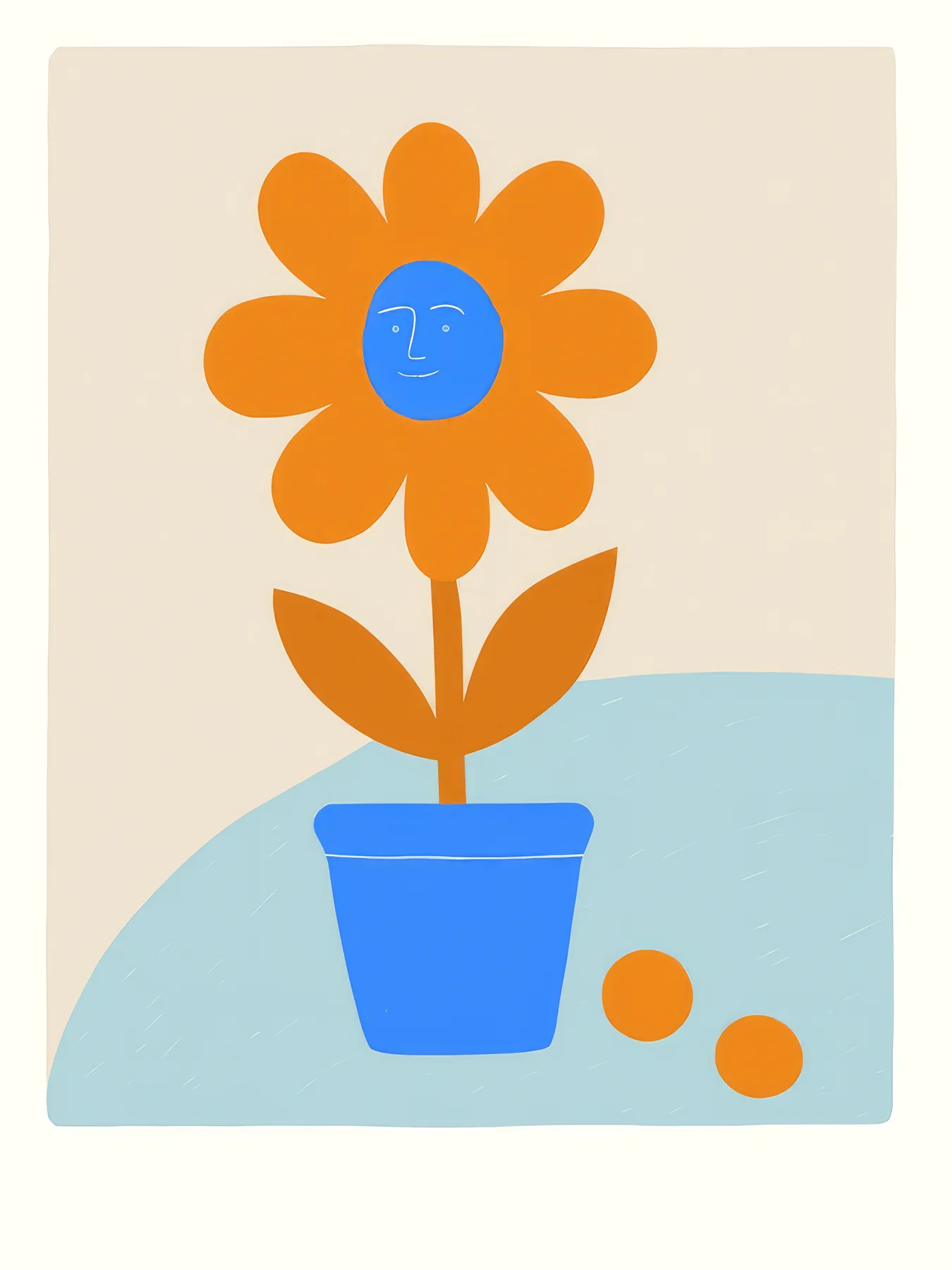 Onlly poster, Orange Flower in a Blue Pot: A stylized orange bloom grows from a blue pot against pale blue and cream.