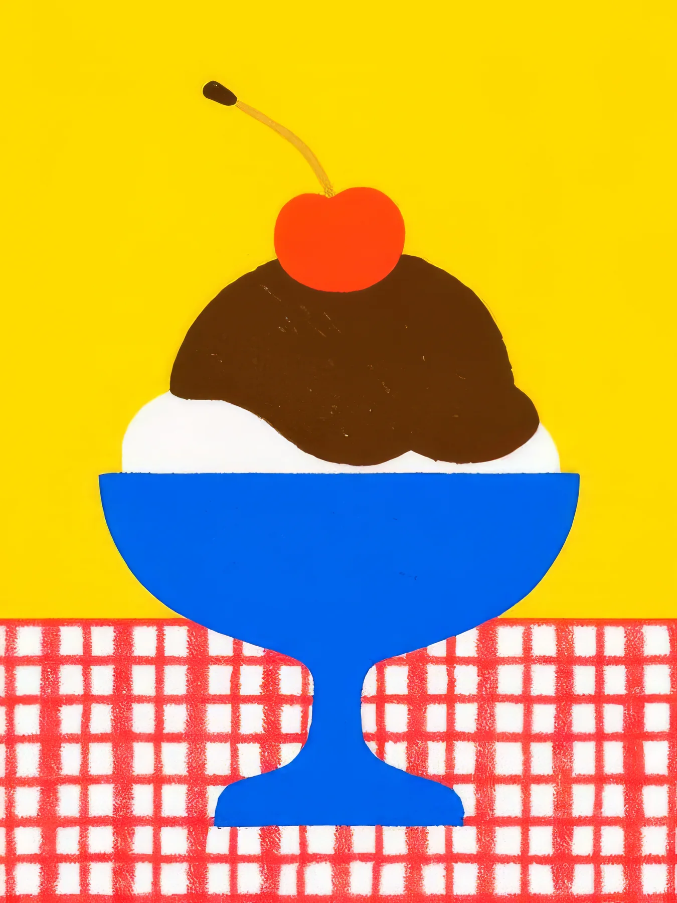 Onlly poster, Dessert in a Blue Coupe: A chocolate scoop with a red cherry sits in a blue dessert glass on a checked table.