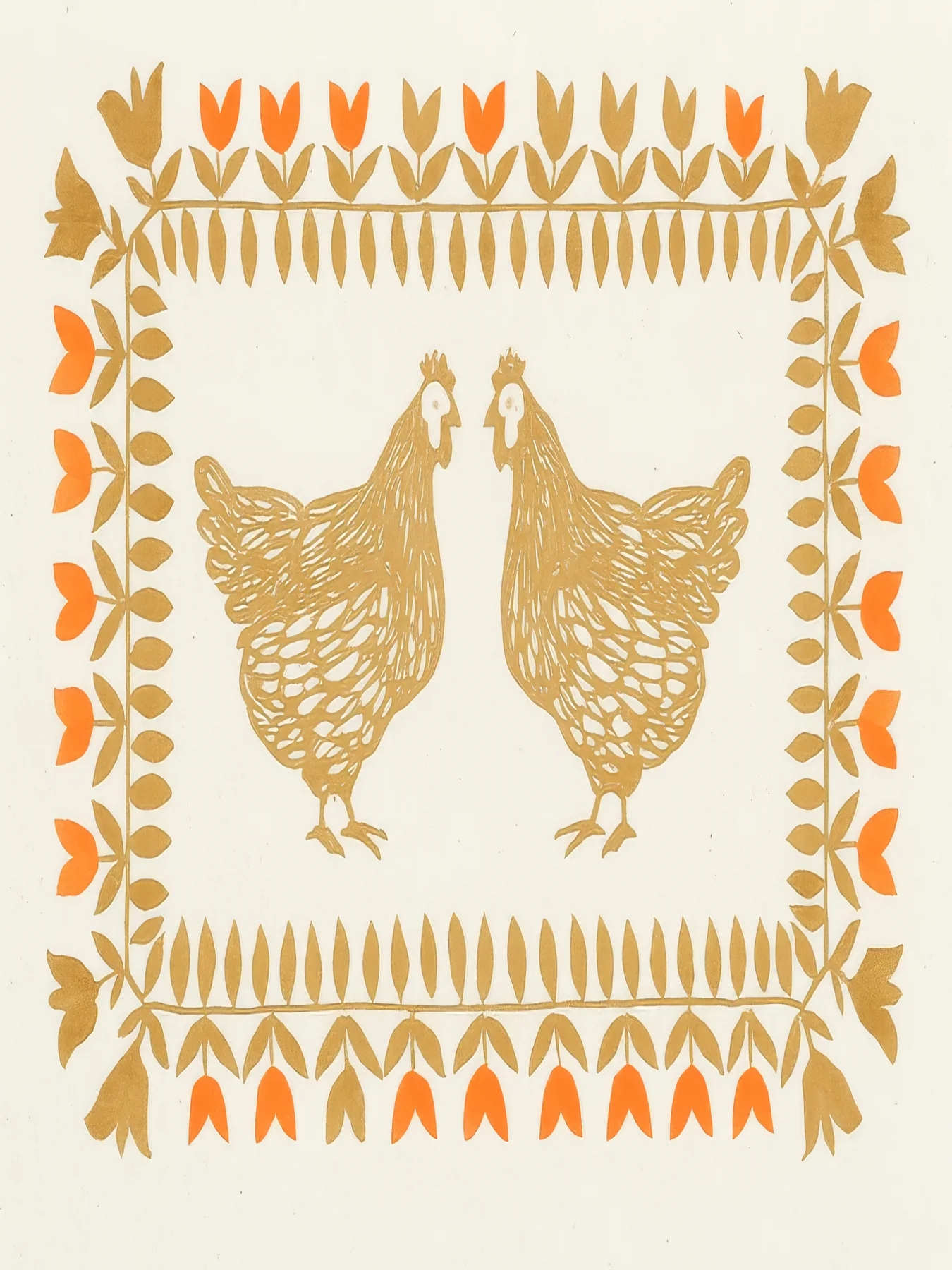 Onlly poster, Hens in a Decorative Border: Three patterned hens stand within a warm ornamental frame.