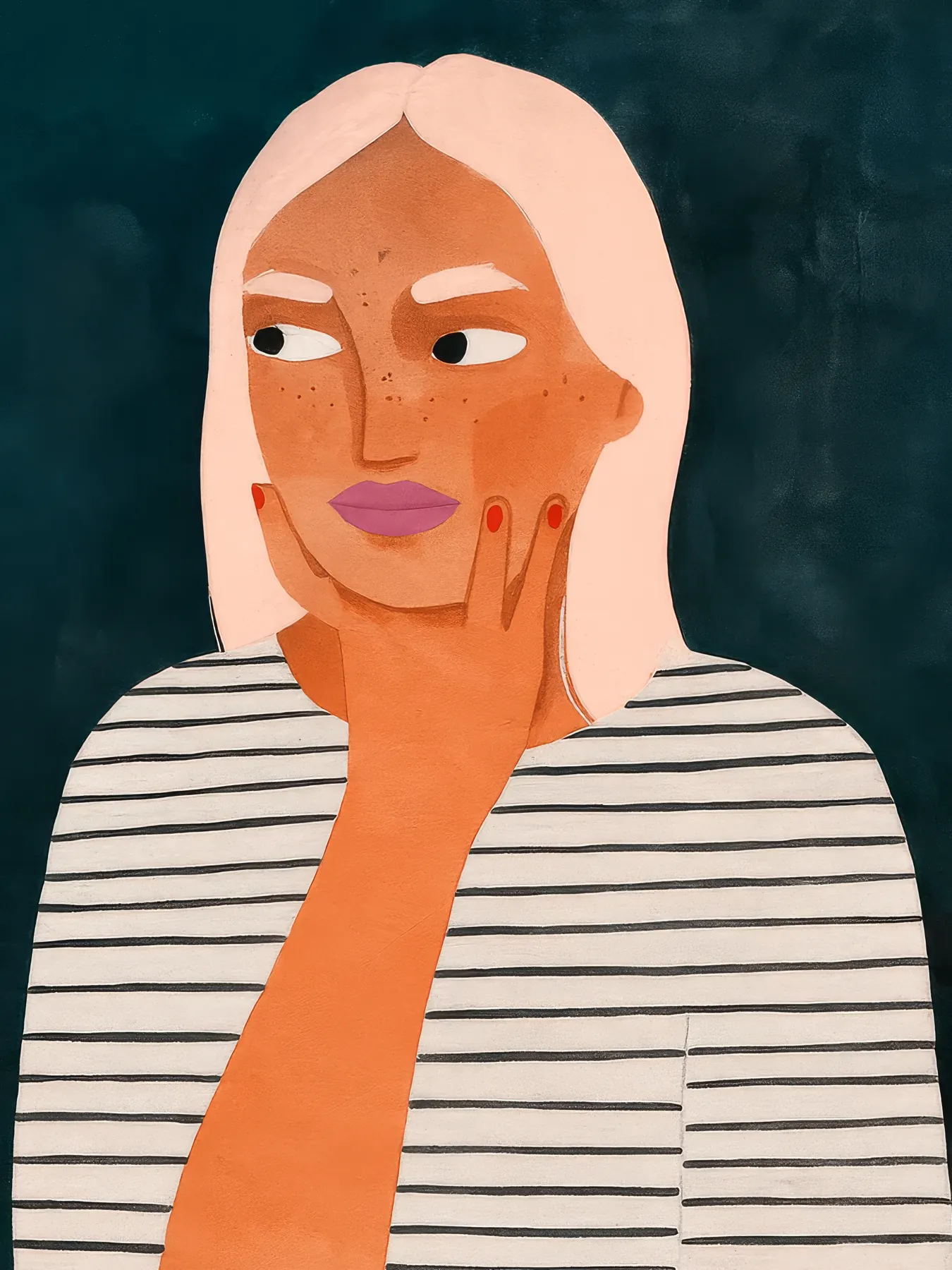 Onlly poster, Woman with Hand at Her Chin: A close portrait shows a woman in a striped top resting her cheek in her hand.