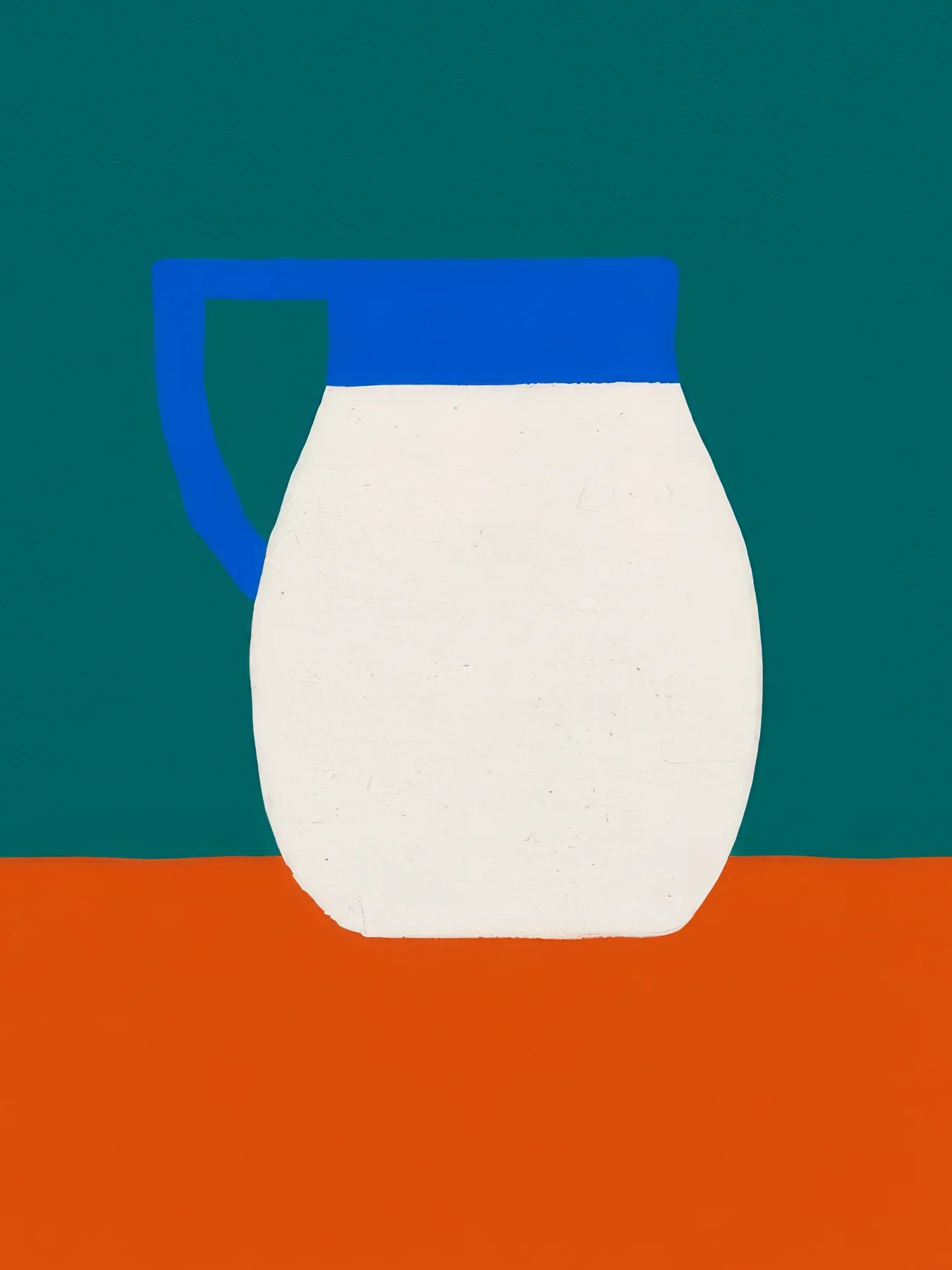 Onlly poster, White Pitcher on Teal and Rust: A pale vessel sits between dark teal and burnt-orange colour fields.