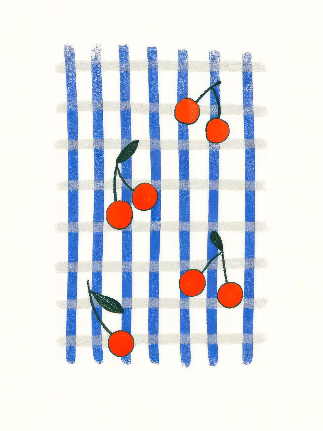 Onlly poster, Citrus on a Blue Grid: Orange fruits and green stems cross a blue checked surface.