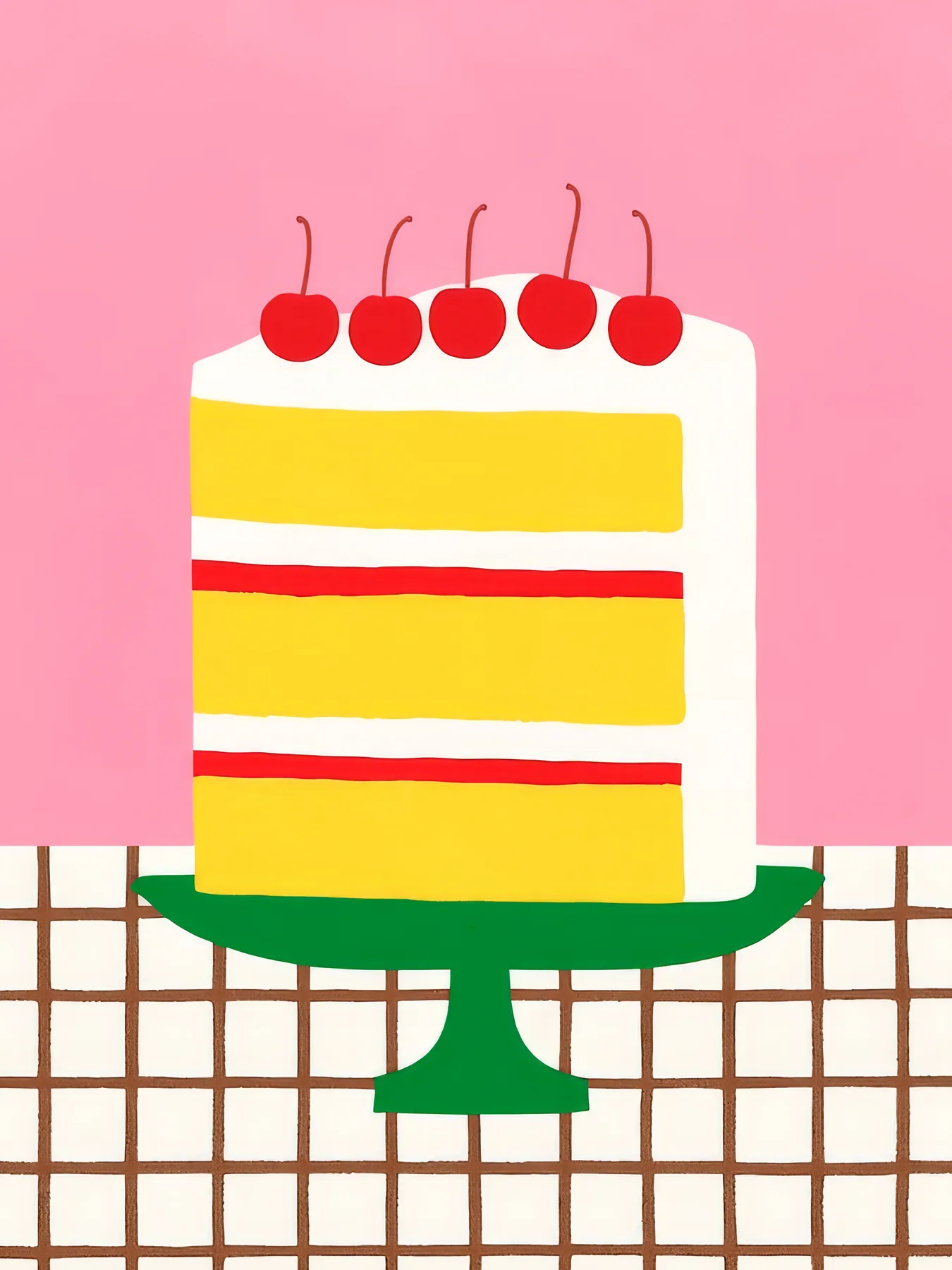 Onlly poster, Layered Cake on Pink: A slice of cream-and-yellow cake sits on a small table against bright pink.