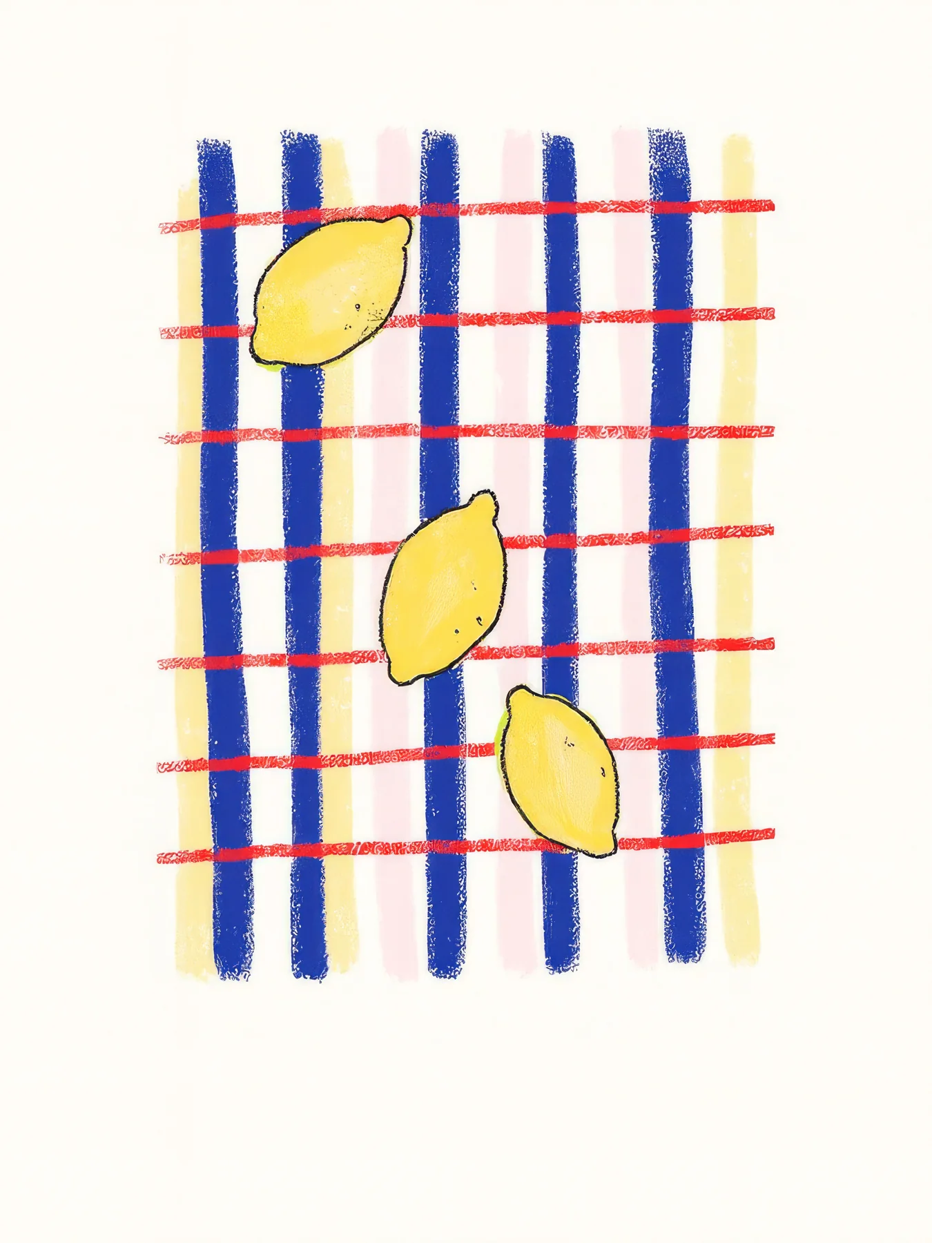 Onlly poster, Lemons on a Blue Grid: Yellow lemons punctuate a blue-and-white checked pattern.