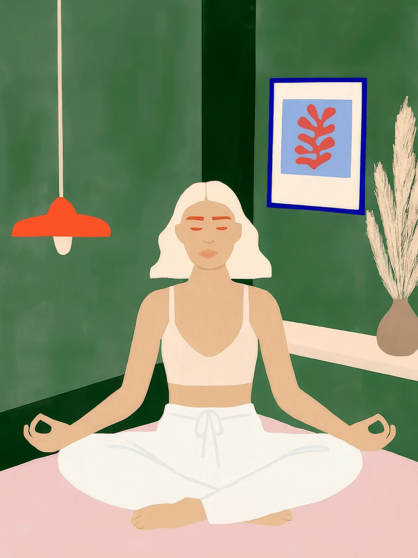 Onlly poster, Woman Meditating in Green: A woman sits cross-legged in a calm green room beneath a pendant light.