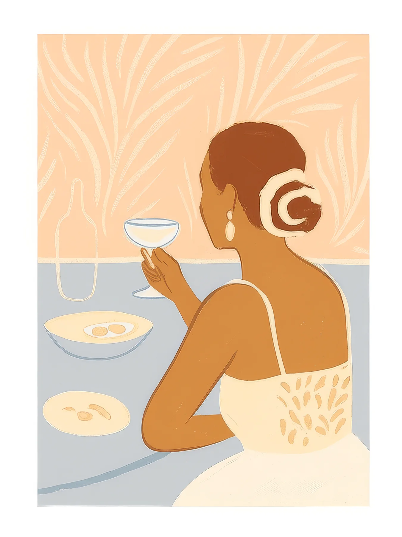 Onlly poster, Woman at a Table: A seated woman enjoys a meal at a small table in warm yellow and terracotta tones.