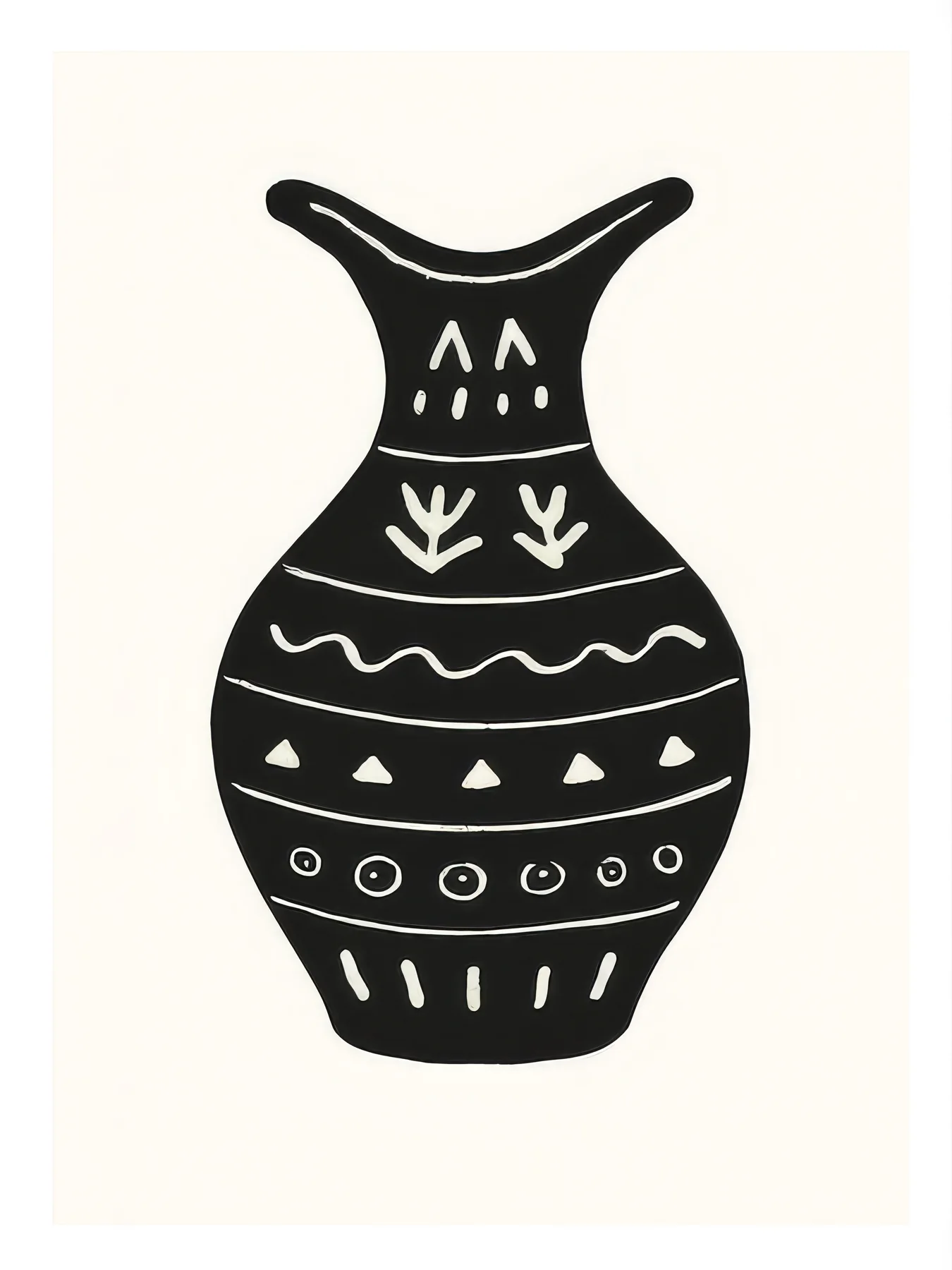Onlly poster, Black Vase with White Motif: A dark patterned vessel is isolated on a pale warm ground.