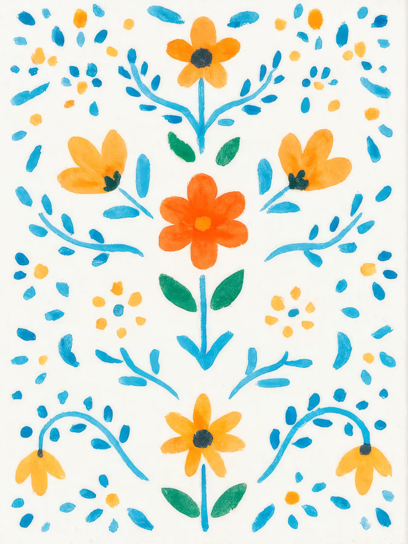 Onlly poster, Wildflower Meadow Pattern: Small blue, yellow and orange flowers repeat across a pale textured ground.