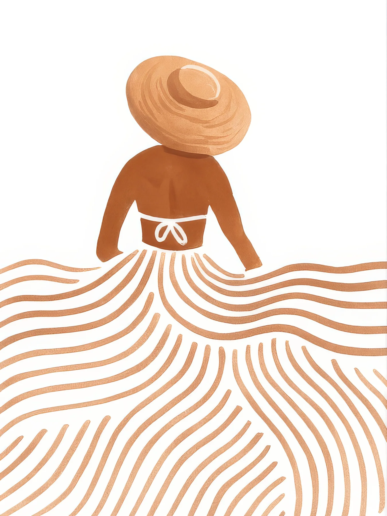Onlly poster, Woman in a Hat by the Water: A seated figure in a wide-brimmed hat faces a calm striped shoreline.