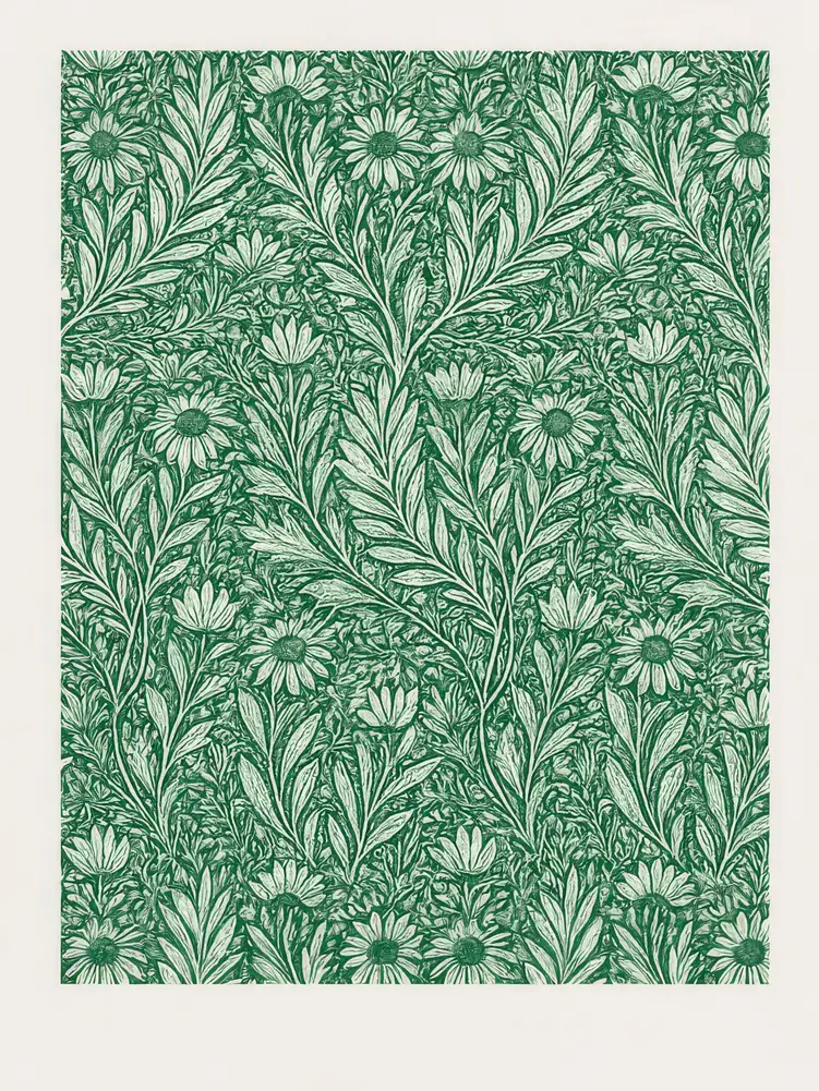 Onlly poster, Green Botanical Pattern: A fine repeating field of dark leaves and stems covers a pale background.