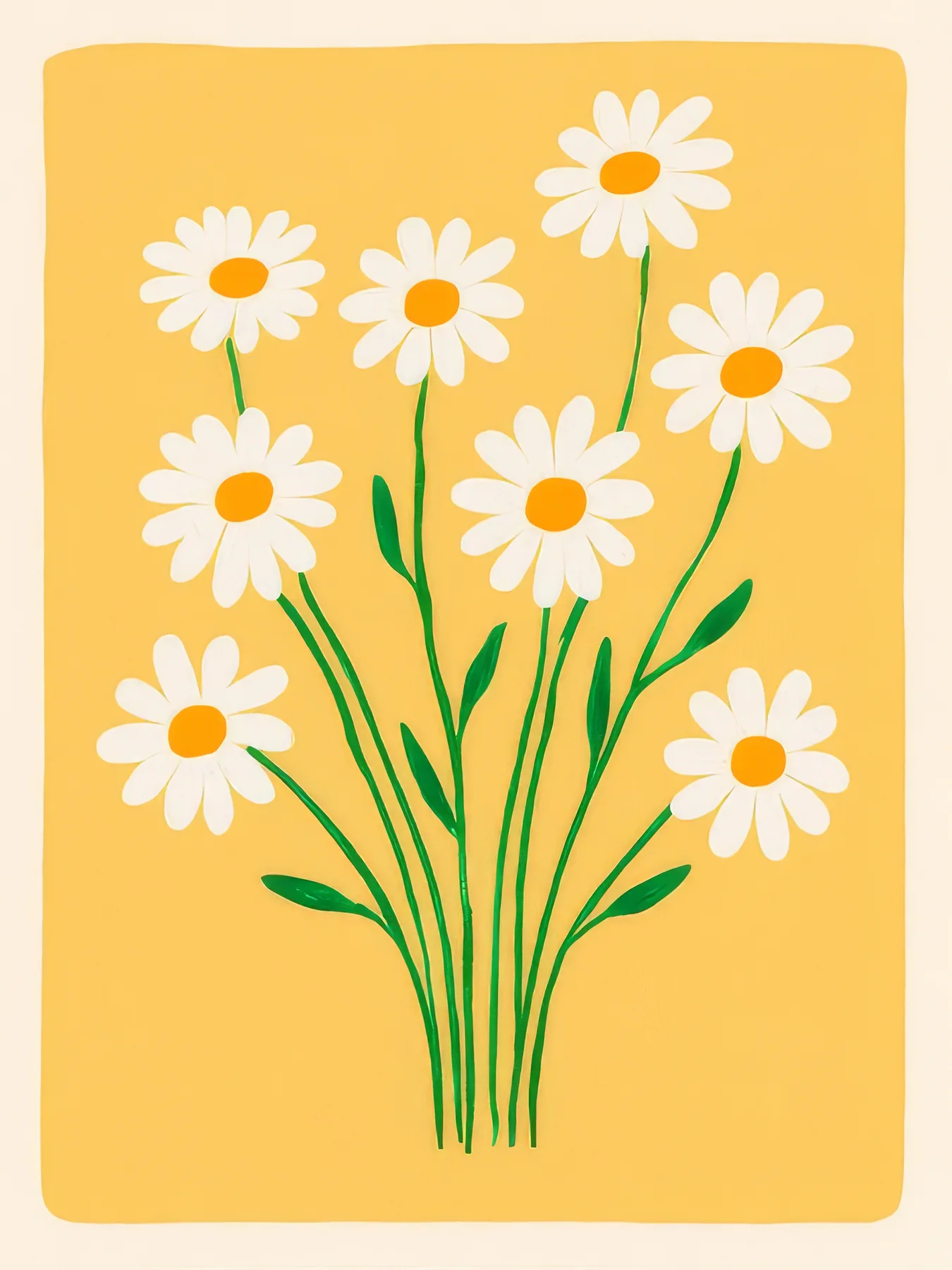 Onlly poster, White Daisies on Golden Yellow: Several white daisies and green leaves stand together against bright yellow.