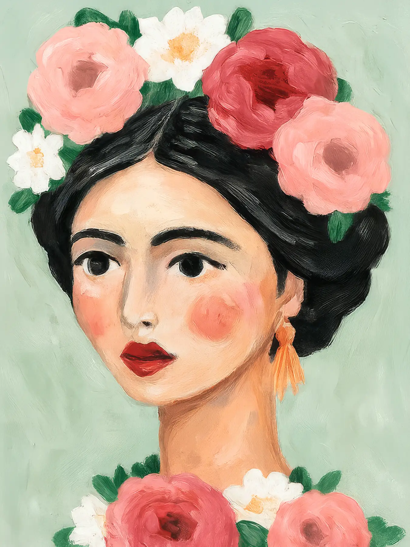 Onlly poster, Woman with a Floral Crown: A dark-haired woman wears large coral and pale-pink flowers in her hair.