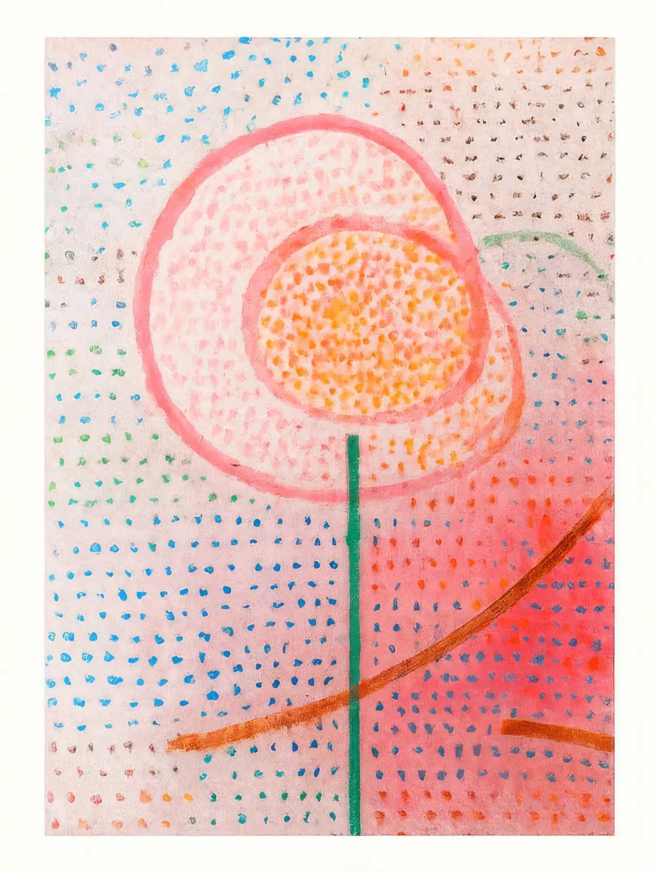 Onlly poster, Coral Stem and Abstract Form: A single coral stem rises through a pink field of fine dots and looping lines.