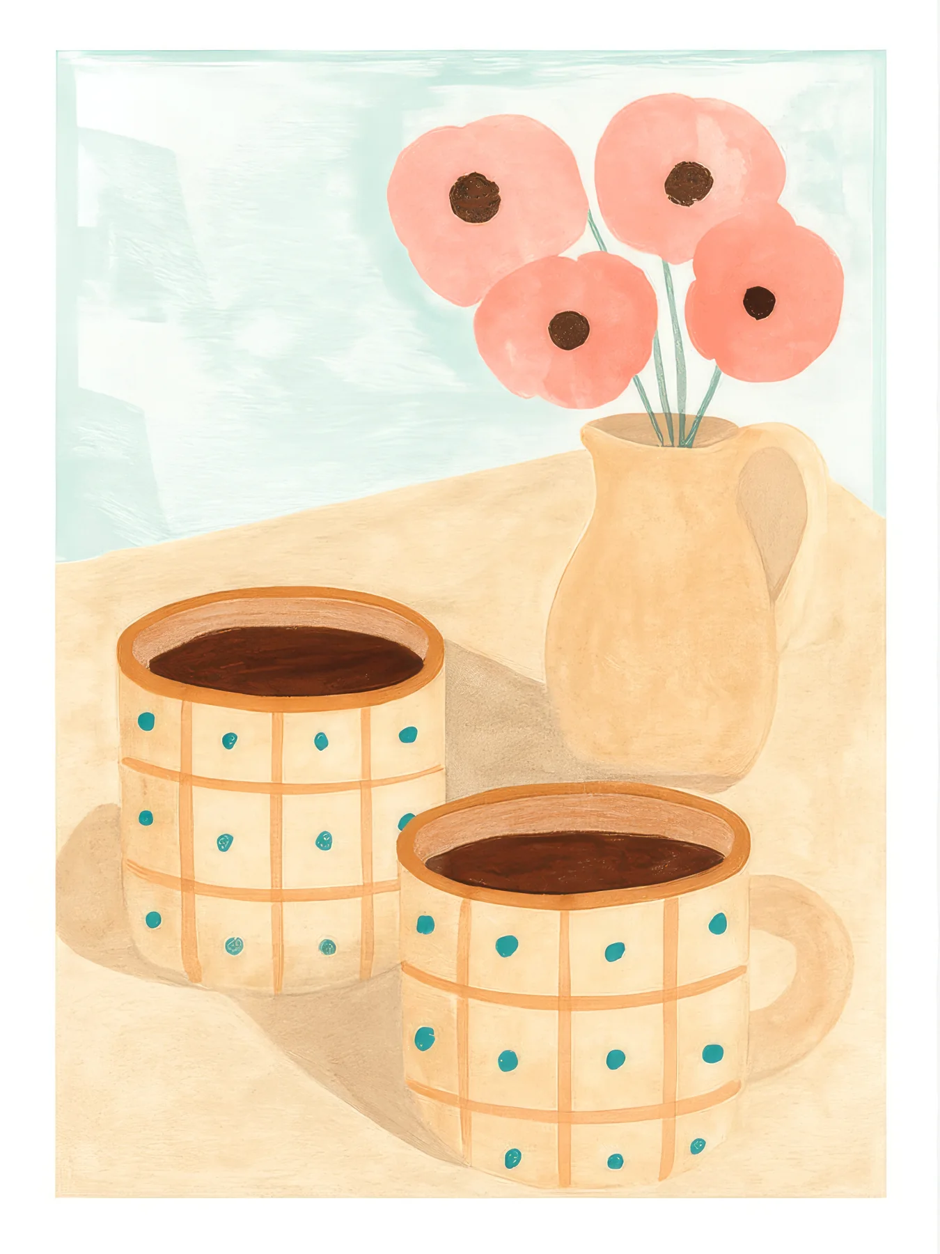 Onlly poster, Small Tables in a Sunlit Room: Two low round tables with patterned sides are arranged on a pale pink floor.