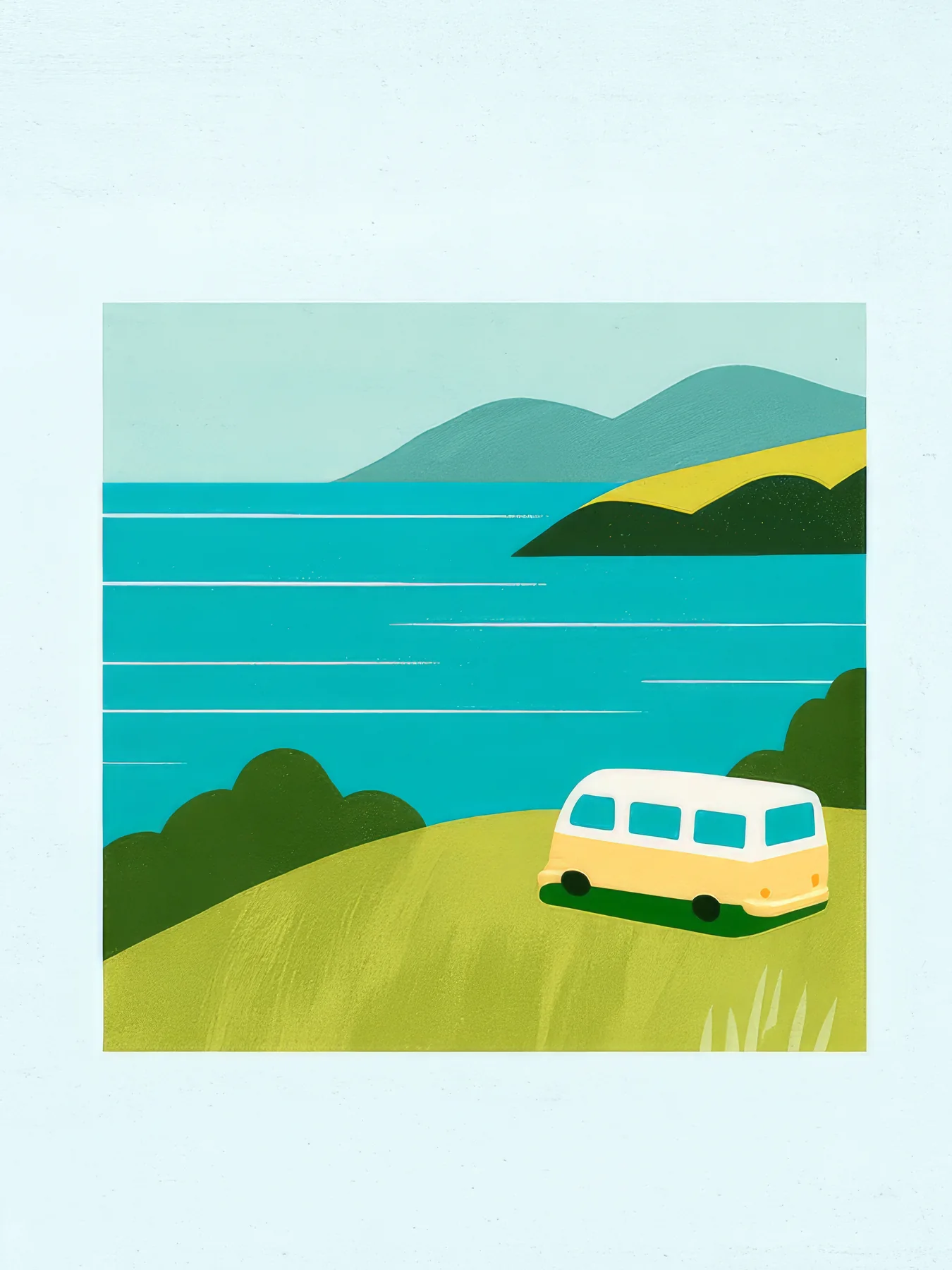 Onlly poster, Camper beside the Coast: A small camper van rests by blue water and distant green hills.