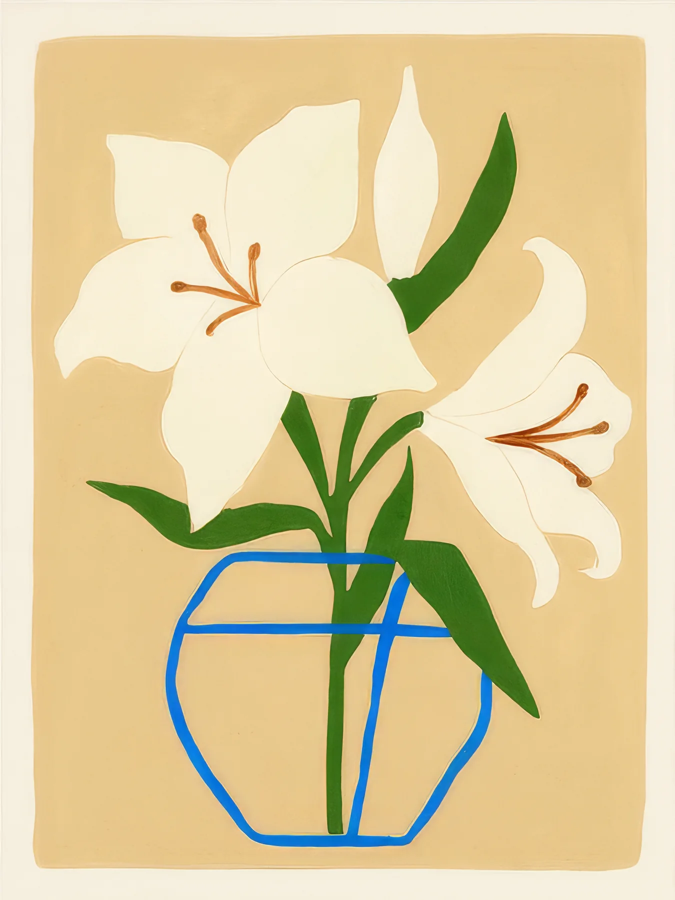Onlly poster, White Flowers in a Blue Vase: Pale blossoms with green stems rise from a blue vase on a warm ground.