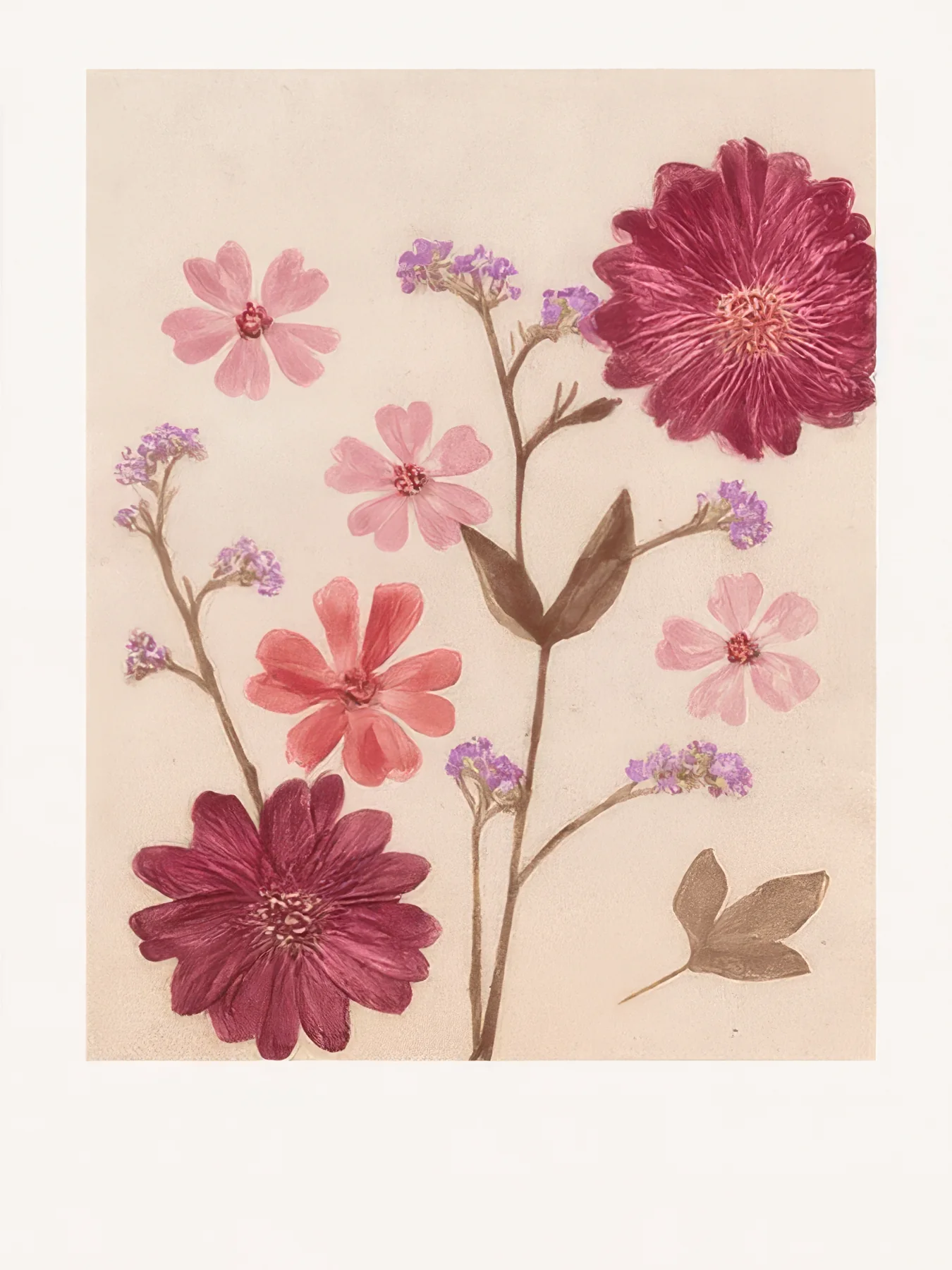 Onlly poster, Pink Wildflower Study: A cluster of small pink flowers and fine leaves is painted on pale paper.