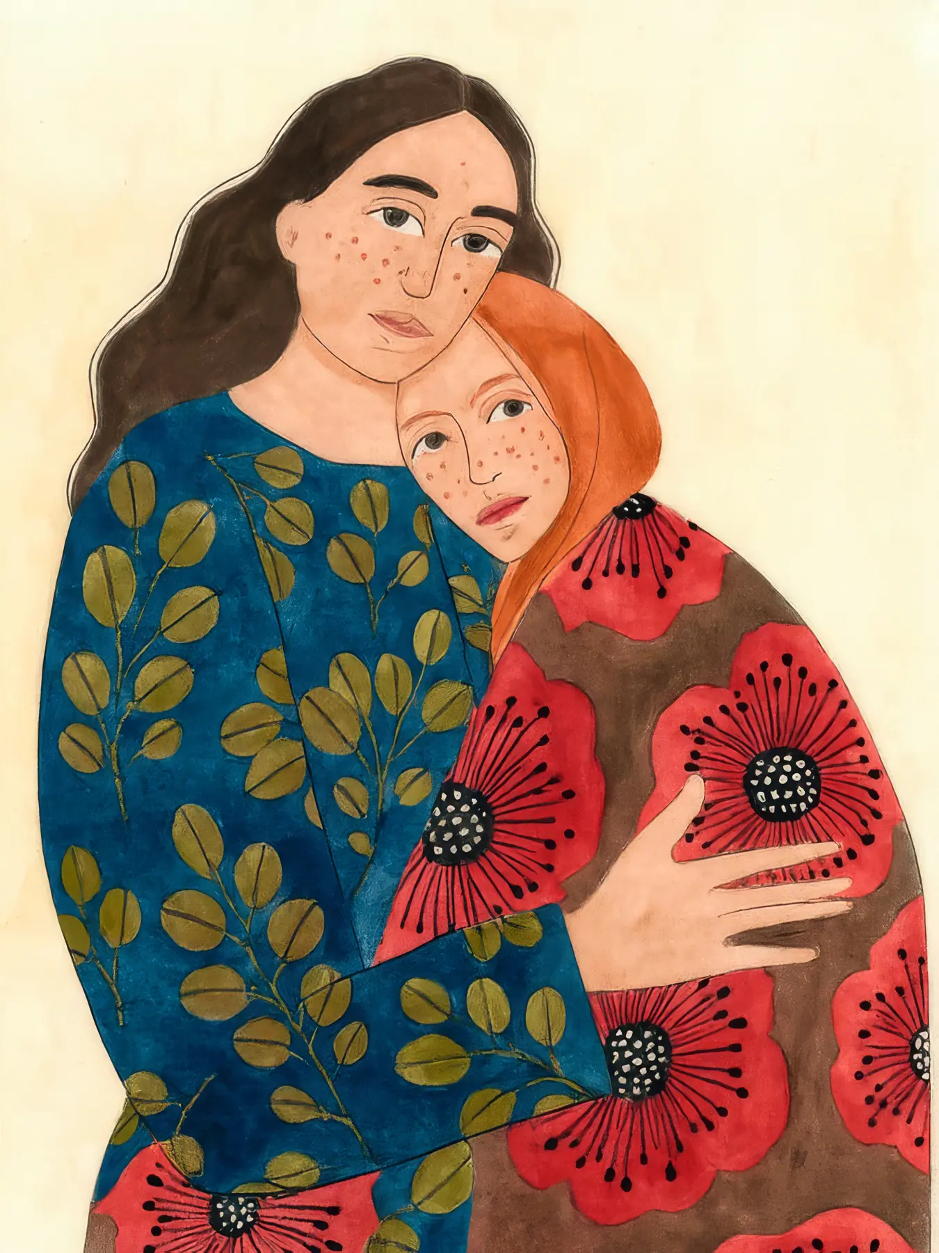 Onlly poster, Two Women Embracing: Two women stand close together in patterned clothing against a warm pink field.
