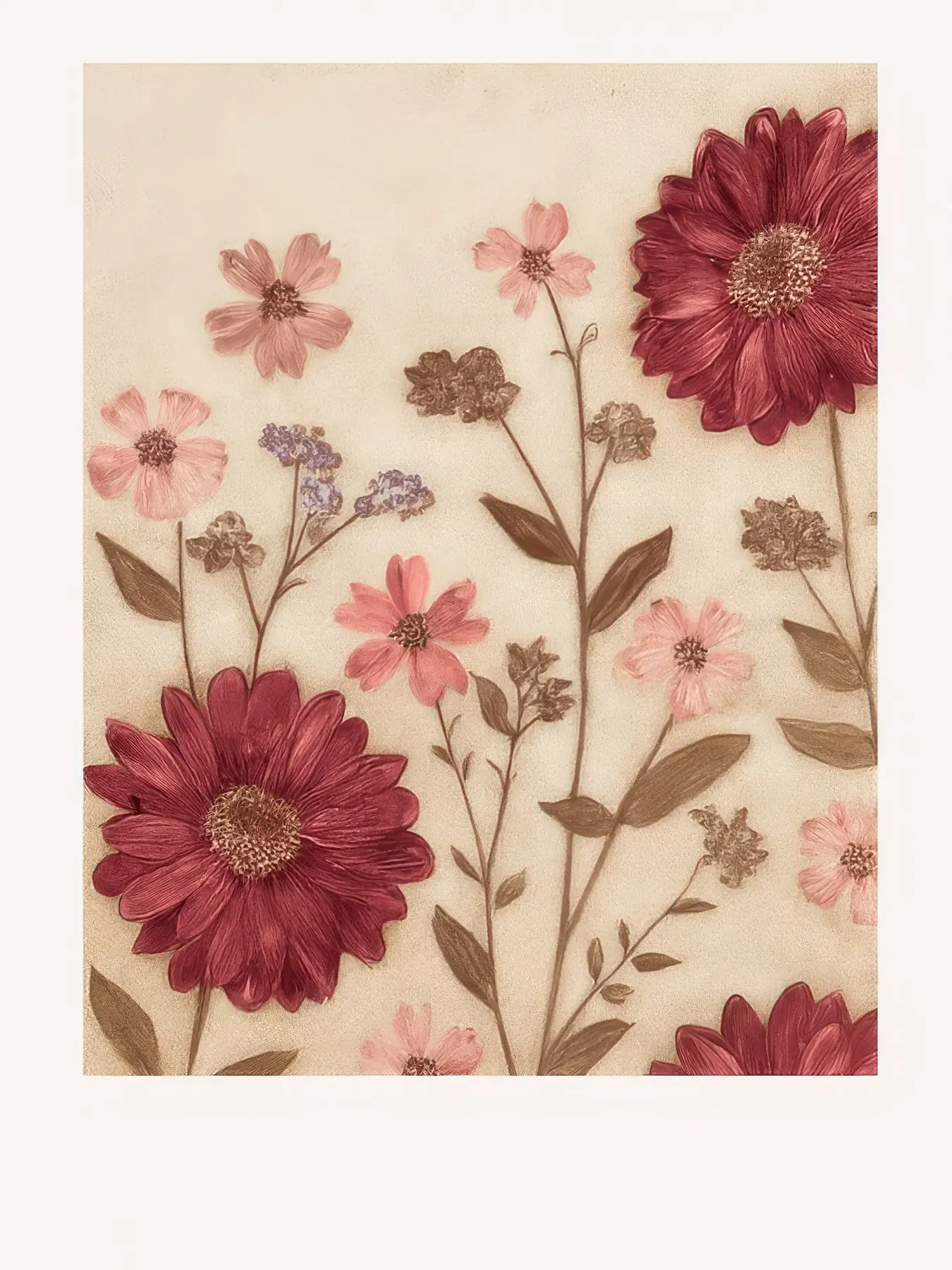Onlly poster, Burgundy Floral Branches: Fine pink and burgundy blossoms with slim branches repeat on a pale ground.