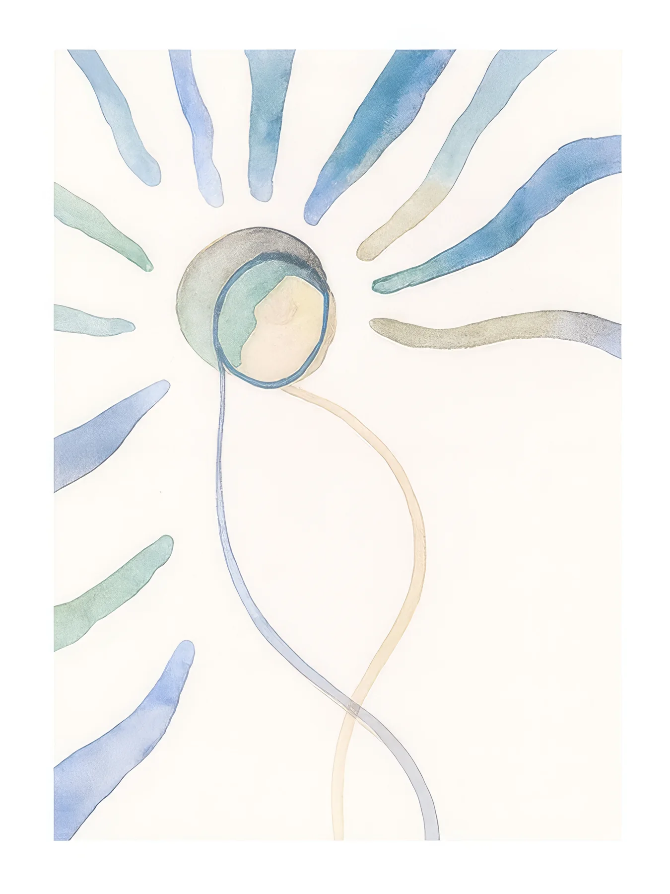 Onlly poster, Soft Blue Rays and a Stem: Pale blue rays surround a fine curving stem and a small circular form.