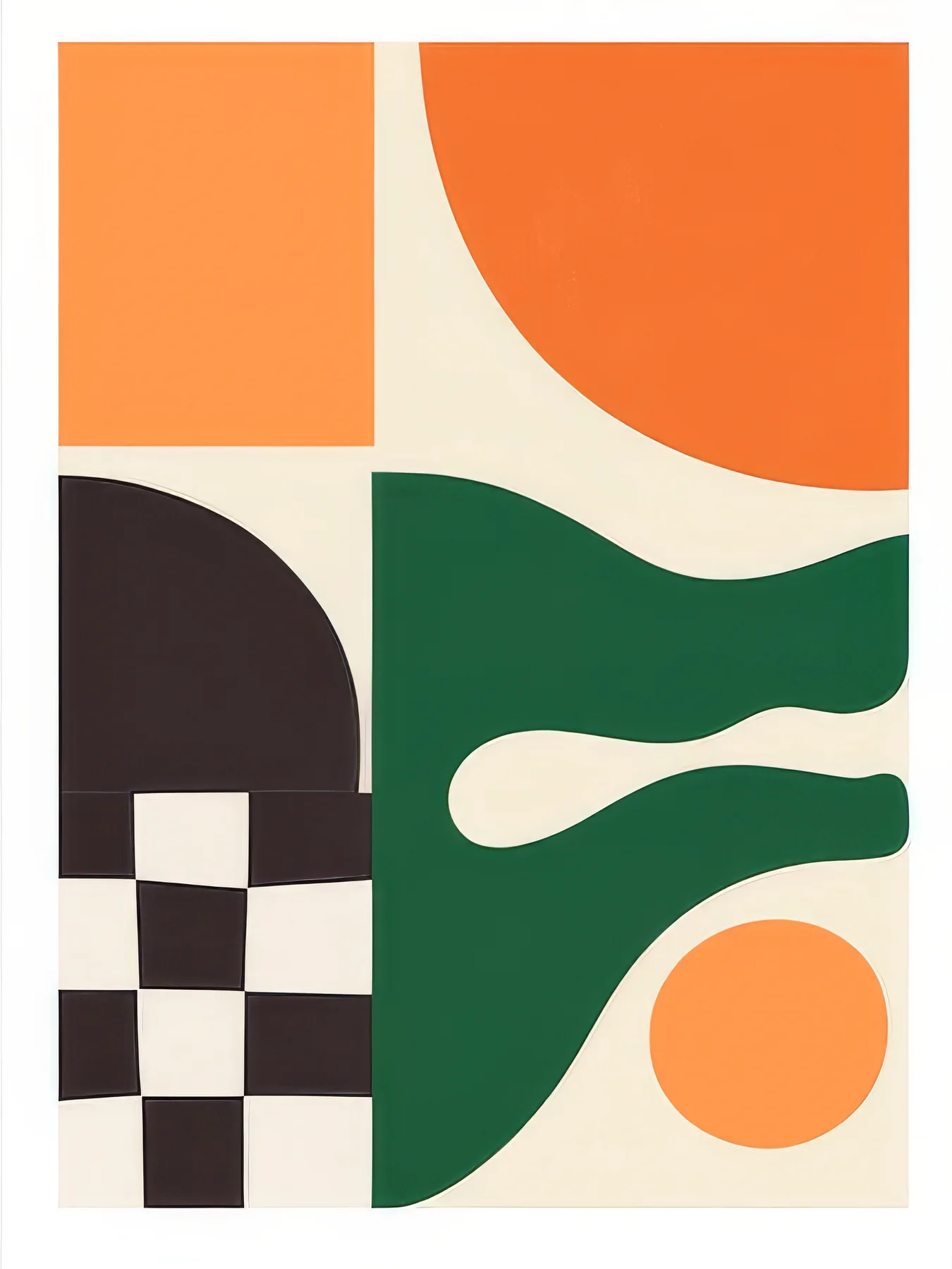 Onlly poster, Checkerboard and Arches: Large orange, black, cream and green shapes combine in a graphic arrangement.