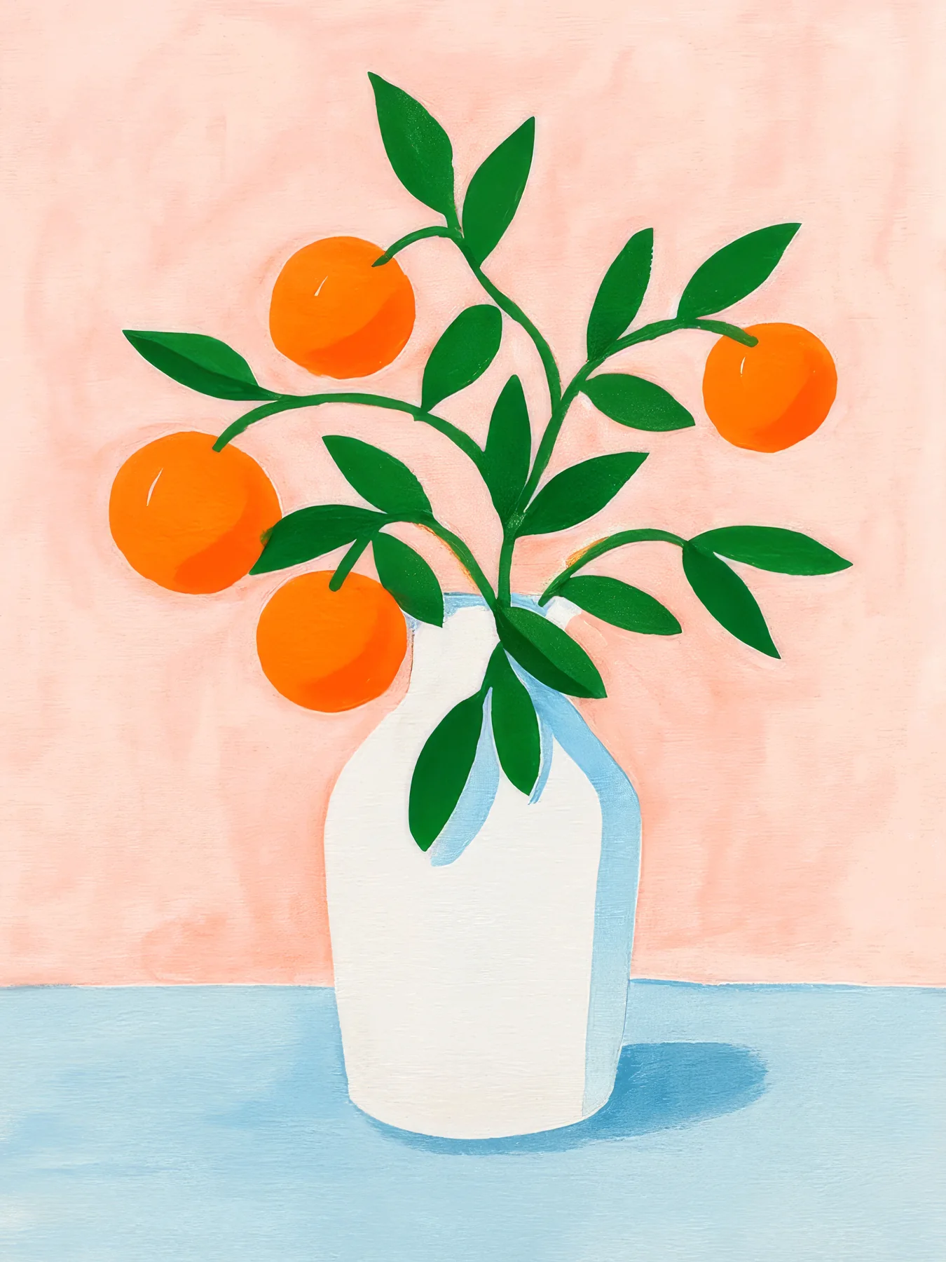 Onlly poster, Orange Flowers in a Blue Vase: A blue vase holds orange blossoms against a warm terracotta background.