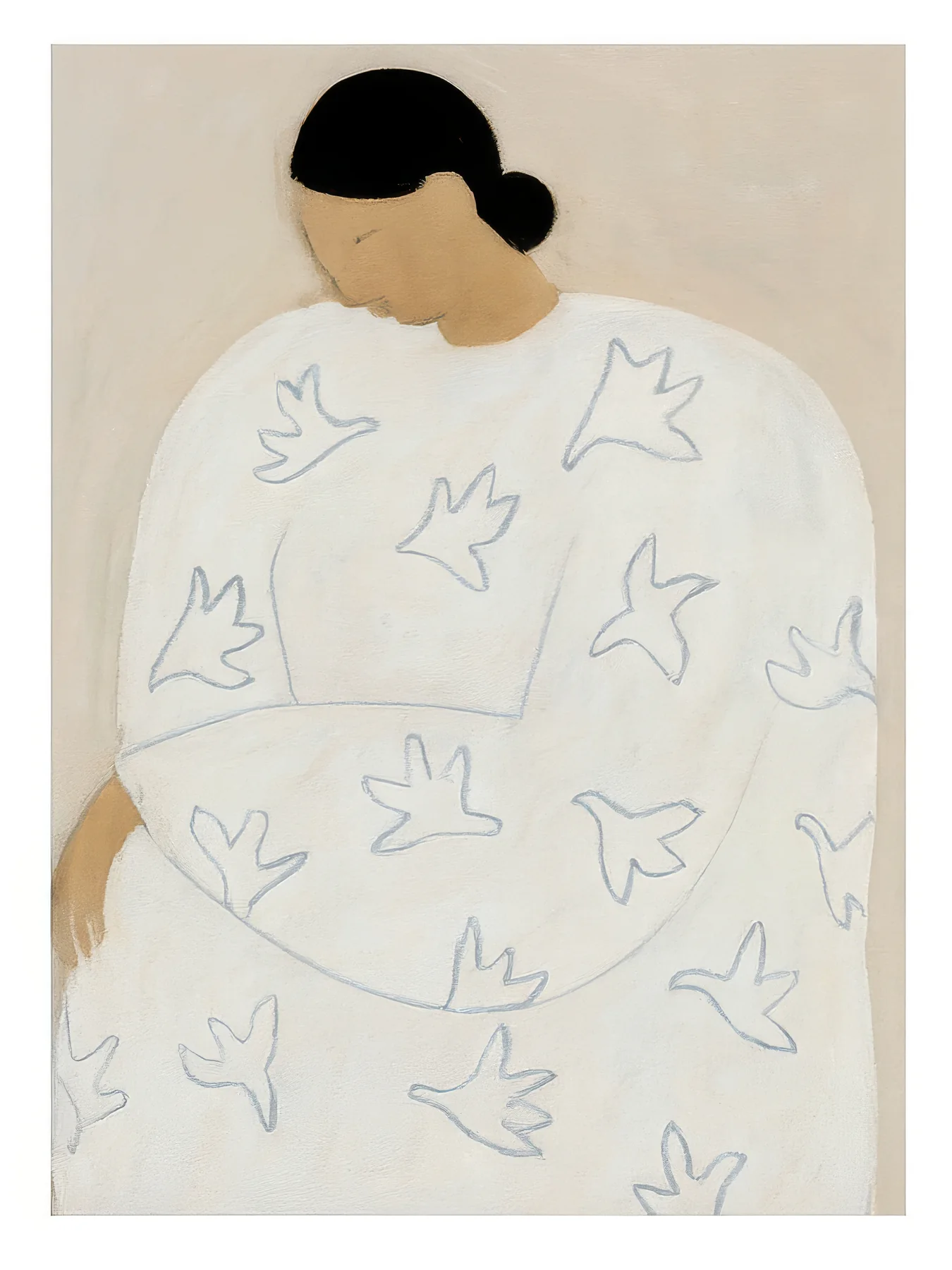 Onlly poster, Woman in a White Bird Sweater: A figure with dark hair wears a pale sweater decorated with small bird outlines.