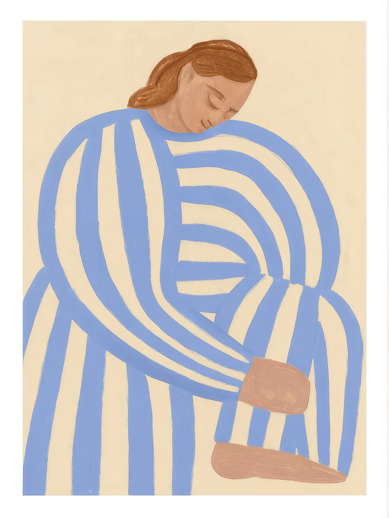 Onlly poster, Woman in Blue Curved Stripes: A seated woman is wrapped in wide flowing blue and cream stripes.
