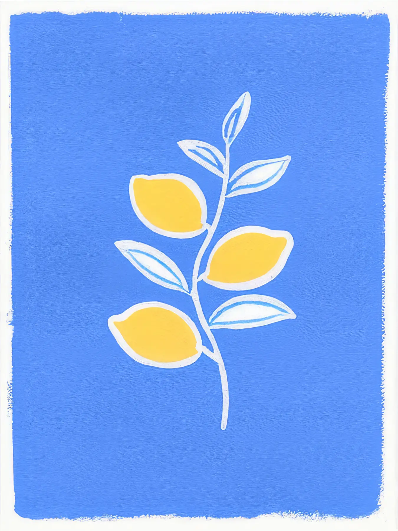 Onlly poster, Blue Leaf Branch on Ochre: A slender blue branch with pale leaves is centred on a golden background.