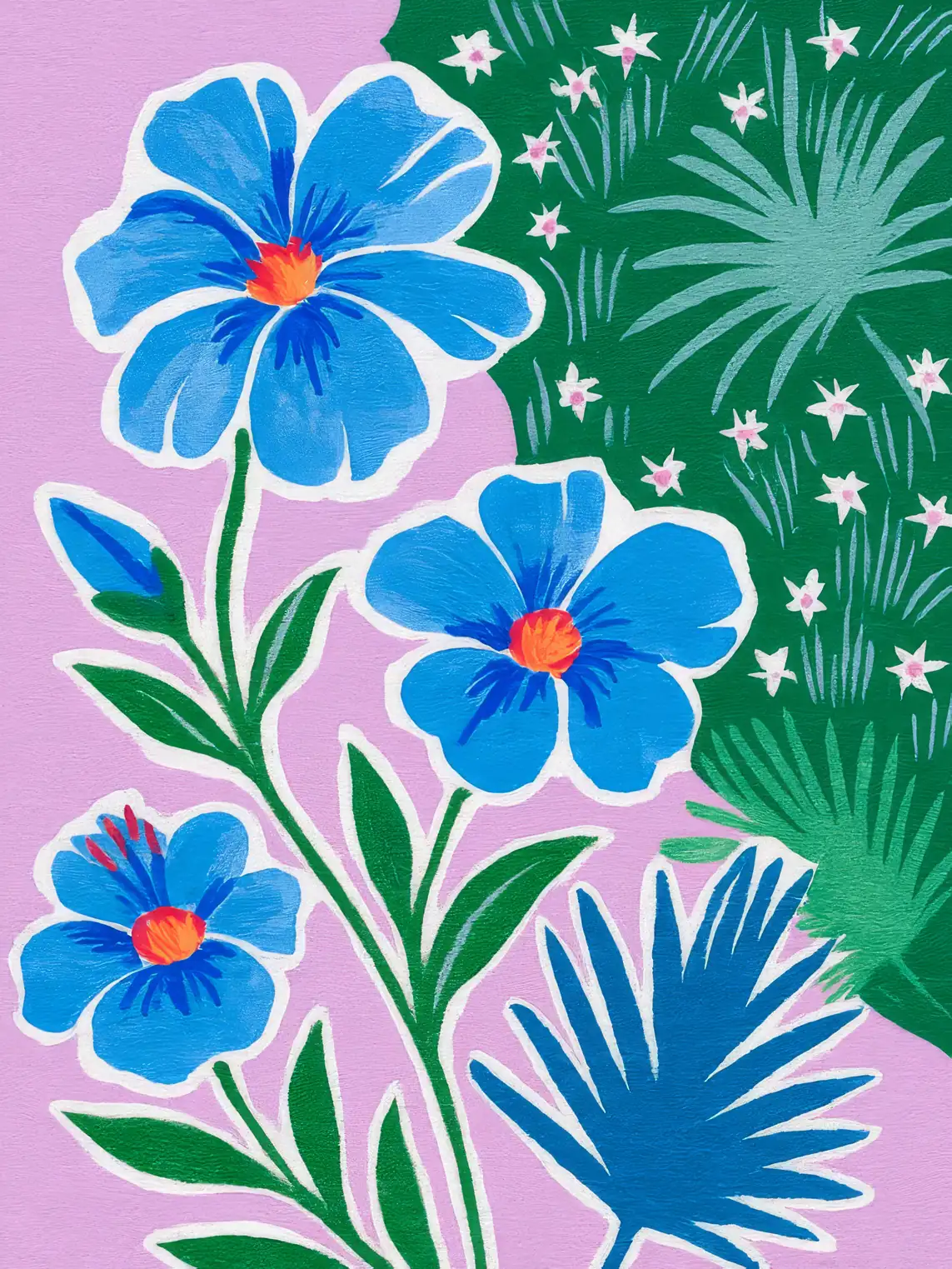 Onlly poster, Bright Blue Garden Flowers: Blue blossoms and green leaves fill a rich green patterned field.