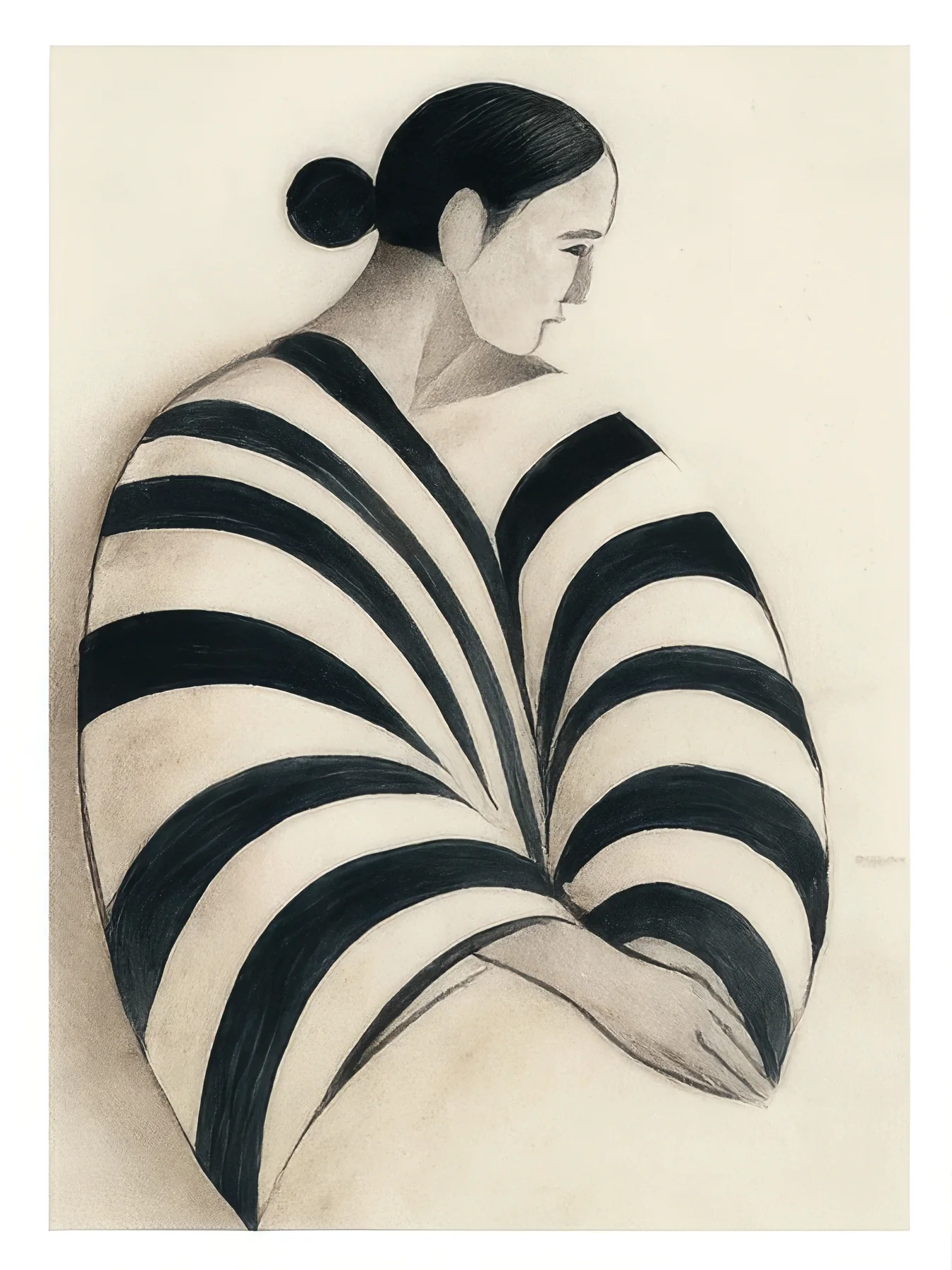 Onlly poster, Woman in a Curved Striped Coat: A seated woman wears a bold garment with black and cream curved stripes.
