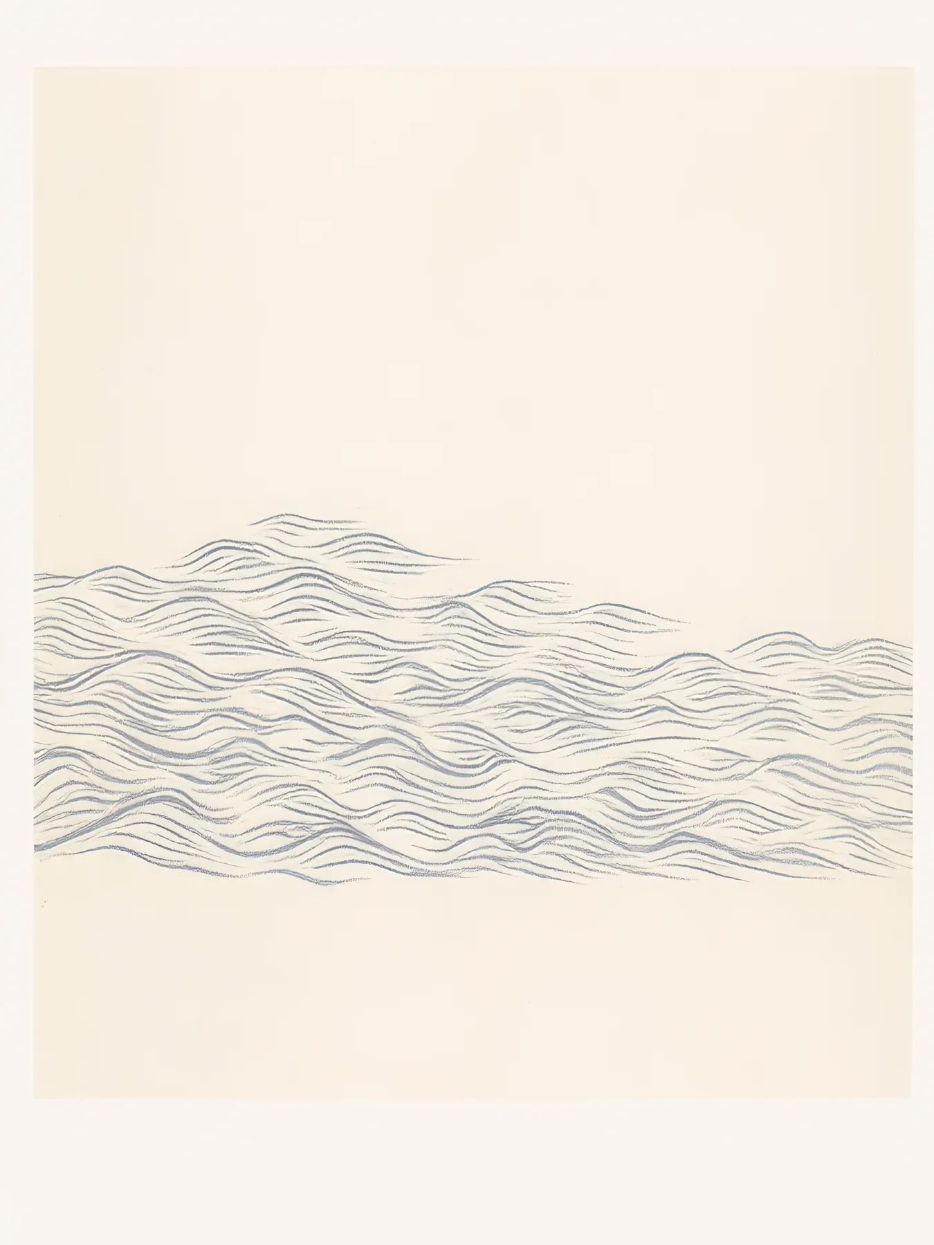 Onlly poster, Quiet Sea and Distant Hills: Muted grey-blue water meets low rose and tan landforms beneath an open sky.