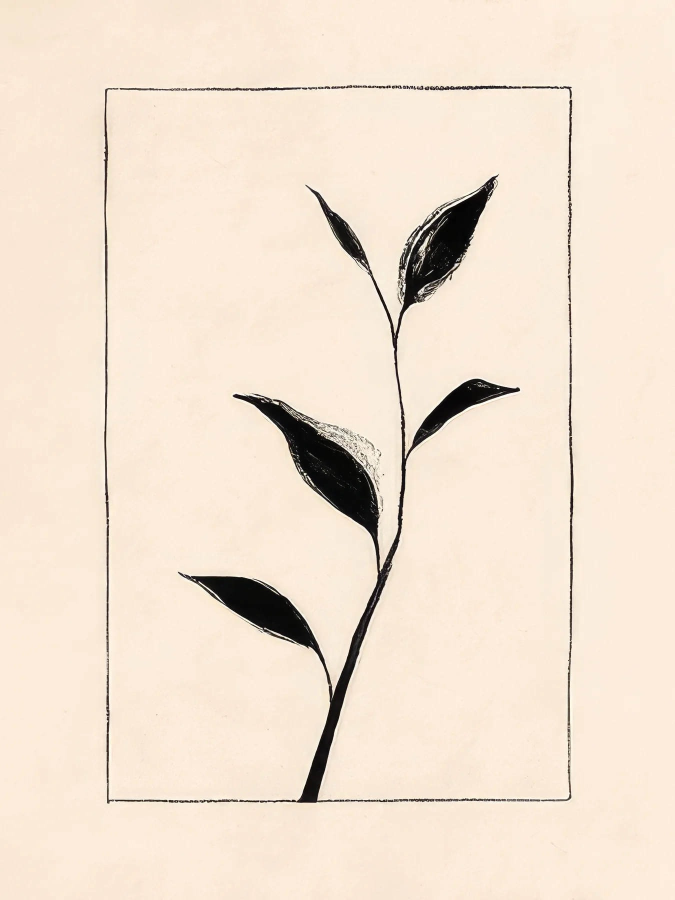 Onlly poster, Single Leafy Stem in a Frame: A black stem with pointed leaves rises inside a fine rectangular border.