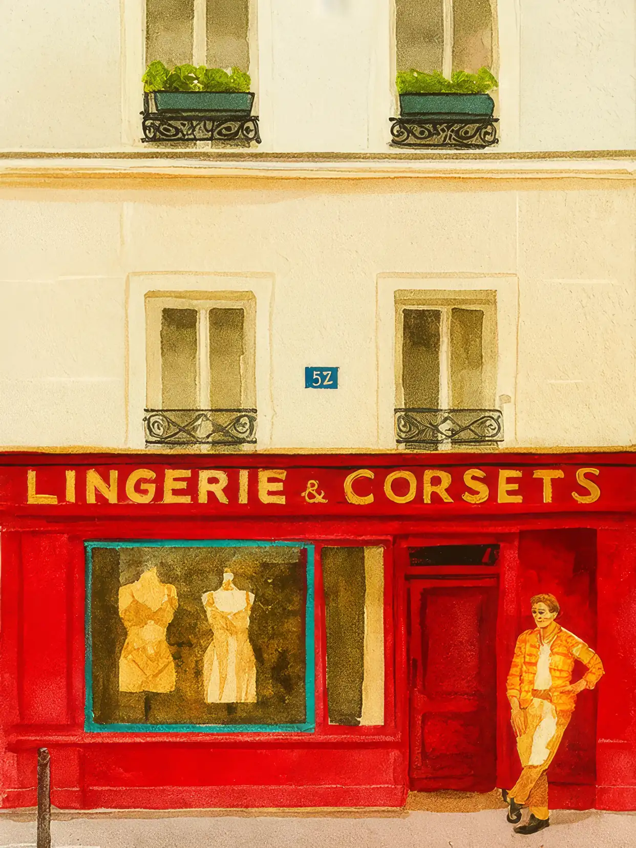 Onlly poster, Parisian Lingerie Shopfront: A warm storefront with a red “Lingerie & Corsets” sign sits beneath classic windows.