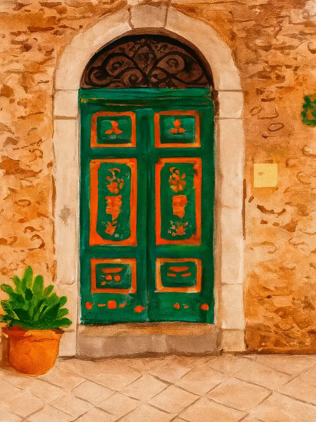 Onlly poster, Green Door in a Stone Wall: A richly coloured green doorway is framed by warm stone and potted plants.