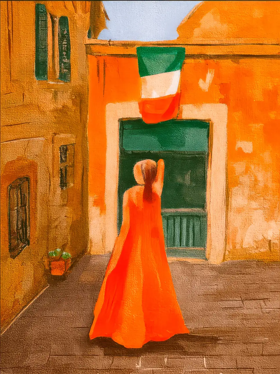 Onlly poster, Woman in a Red Dress at the Door: A woman in a bright red dress stands before a warm terracotta doorway.