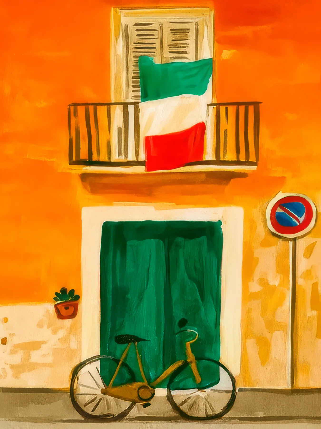 Onlly poster, Green Door and Bicycle: A small bicycle rests beside a green door framed by orange walls.