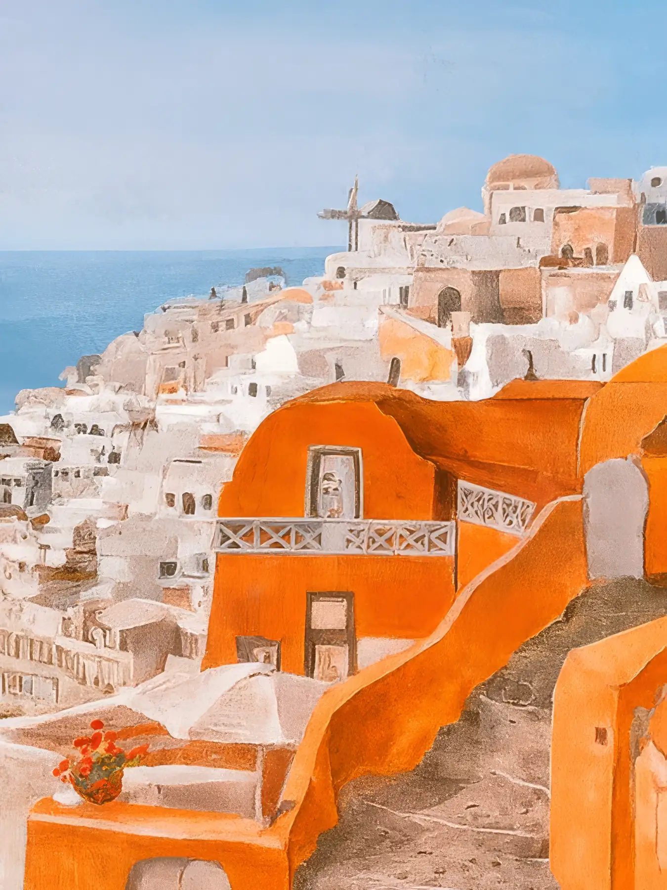 Onlly poster, Whitewashed Mediterranean Village: Sunlit white and terracotta buildings step down a hillside toward the sea.