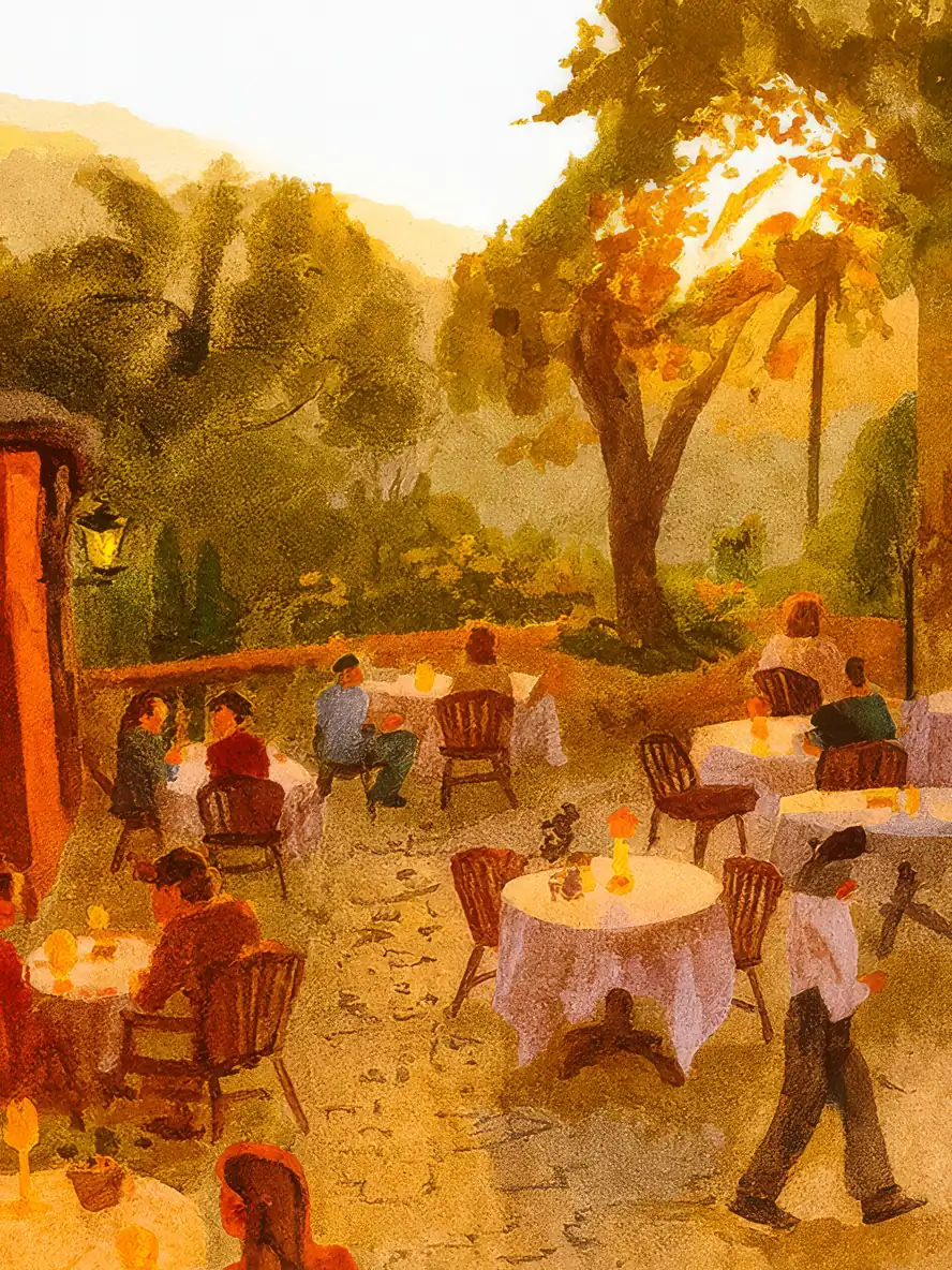 Onlly poster, Evening Cafe beneath the Trees: Small tables and figures gather at a warm outdoor café under leafy trees.