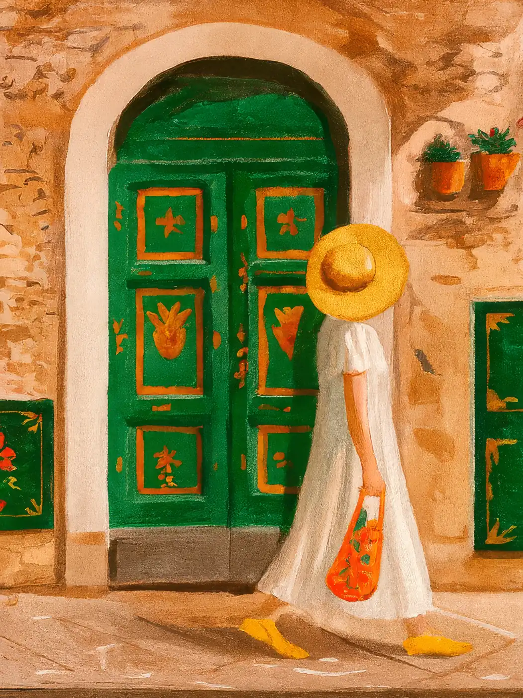 Onlly poster, Woman beside an Old Green Door: A woman in a pale dress stands near an ornate green doorway.