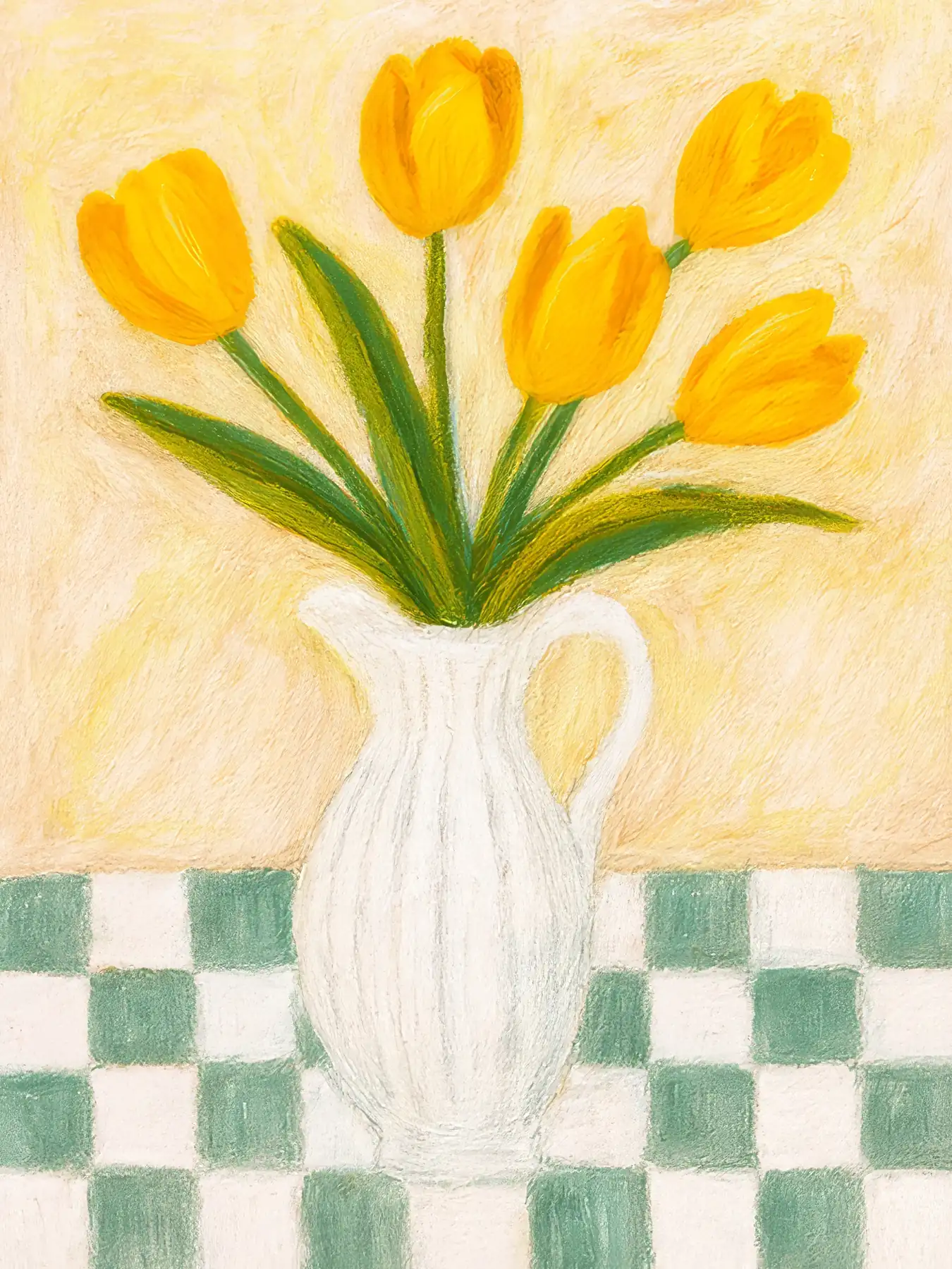 Onlly poster, Yellow Tulips in a Checked Vase: A bouquet of yellow tulips rises from a white vase on a green checkerboard surface.