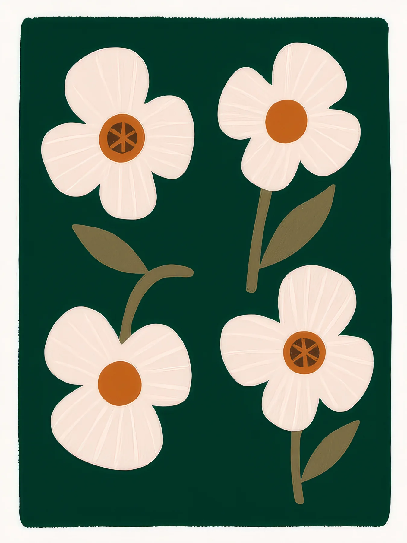 Onlly poster, White Flowers on Deep Green: Large pale blossoms and dark foliage contrast against a rich green background.