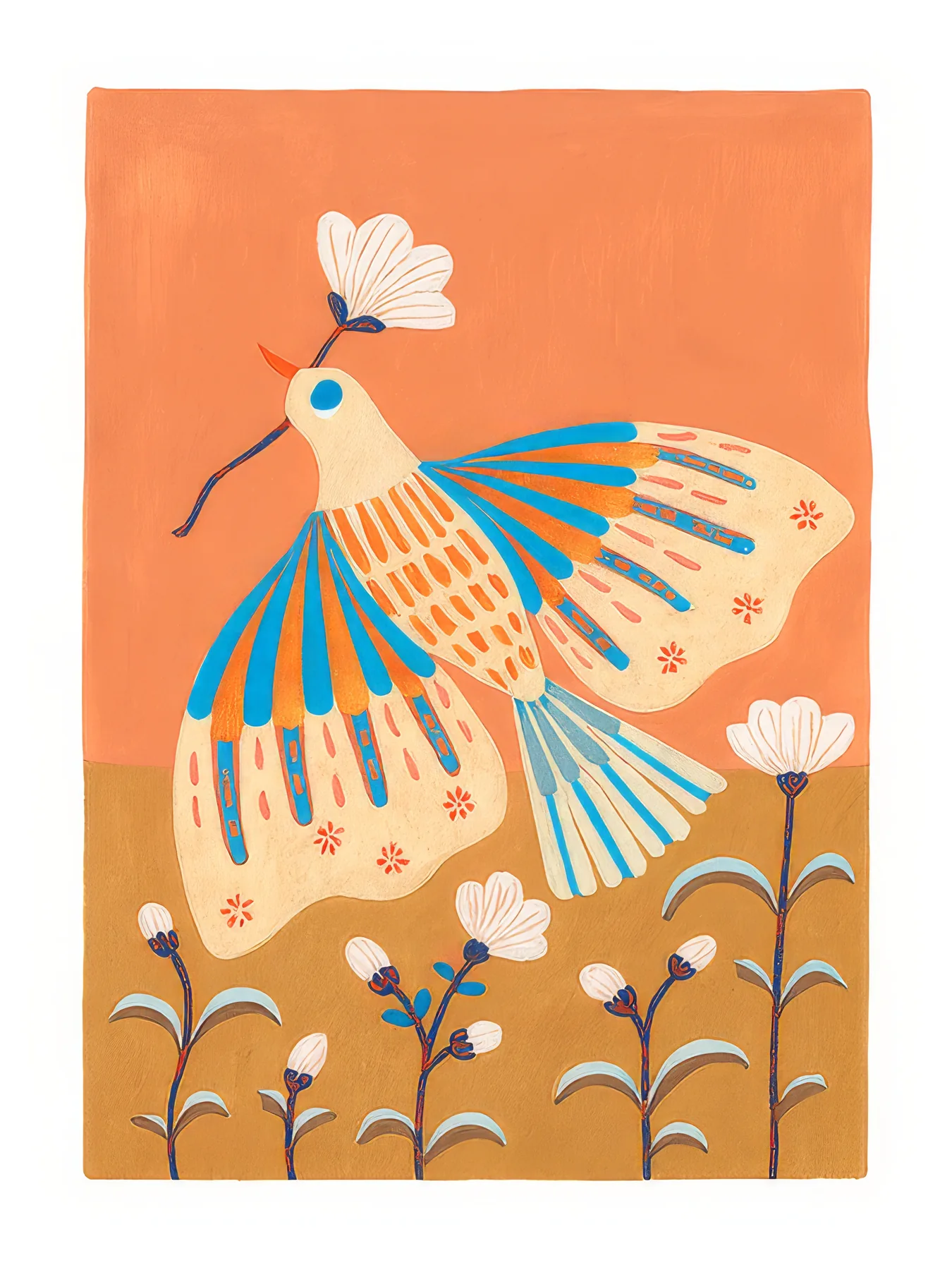 Onlly poster, Dancing Figure in a Patterned Skirt: A woman twirls in a colourful patterned skirt among small flowers.