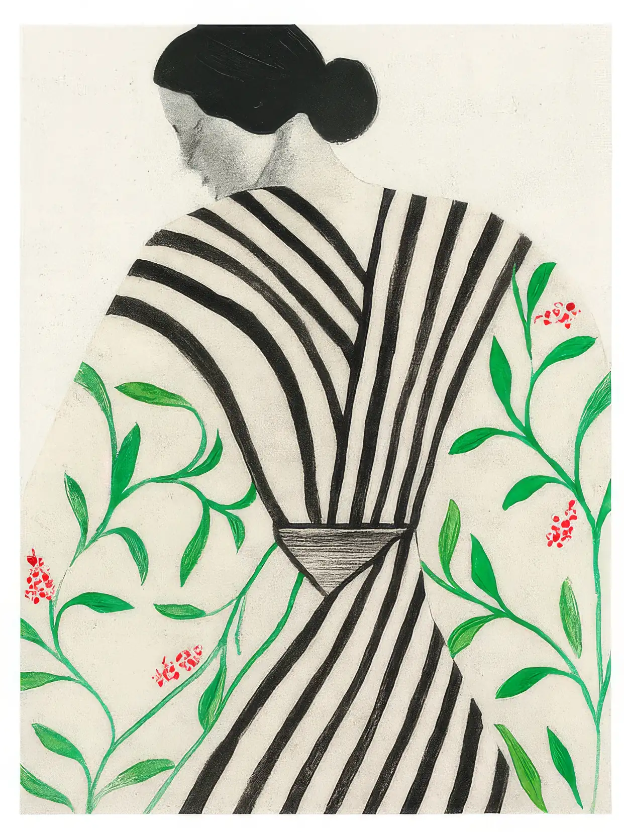 Onlly poster, Woman in a Botanical Striped Dress: A seated woman wears black-and-white stripes with green floral details.